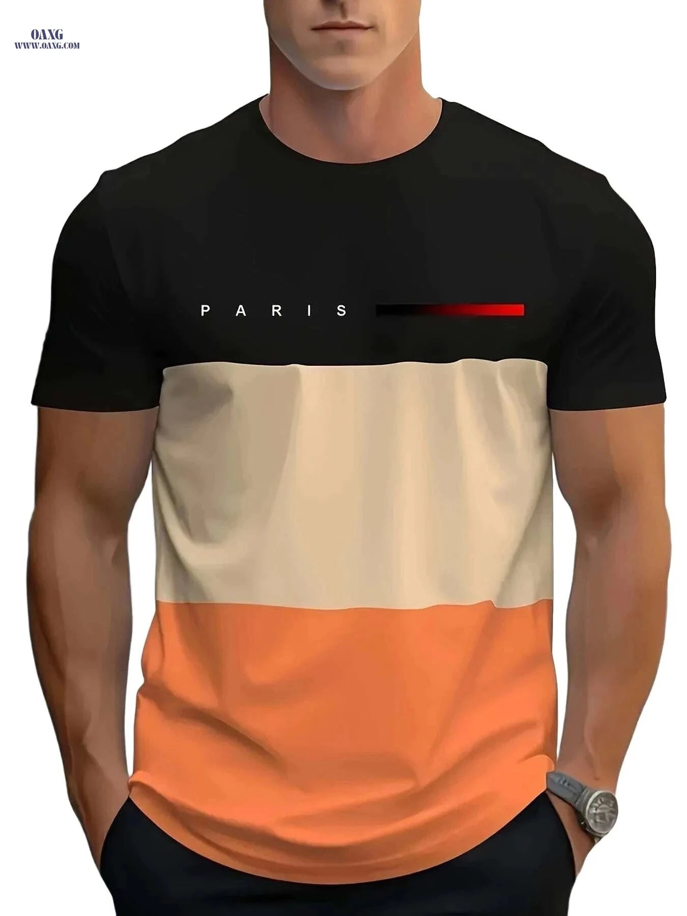 Men's 'PARIS' Color Block Crew Neck Tee - Trendy Stripe Design   OAXG 