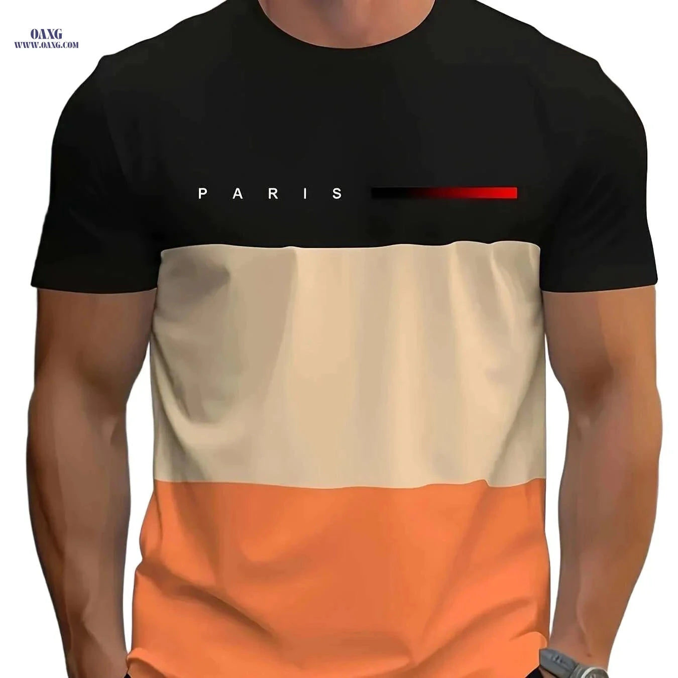 Men's 'PARIS' Color Block Crew Neck Tee - Trendy Stripe Design   OAXG Mixed Color / S