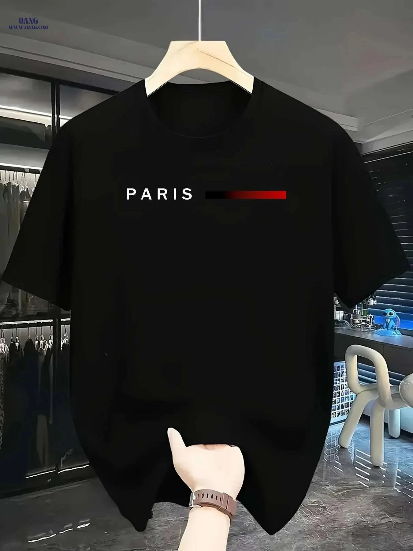 Men's Paris Graphic T-Shirt - Casual Round Neck with Red Accents   OAXG 