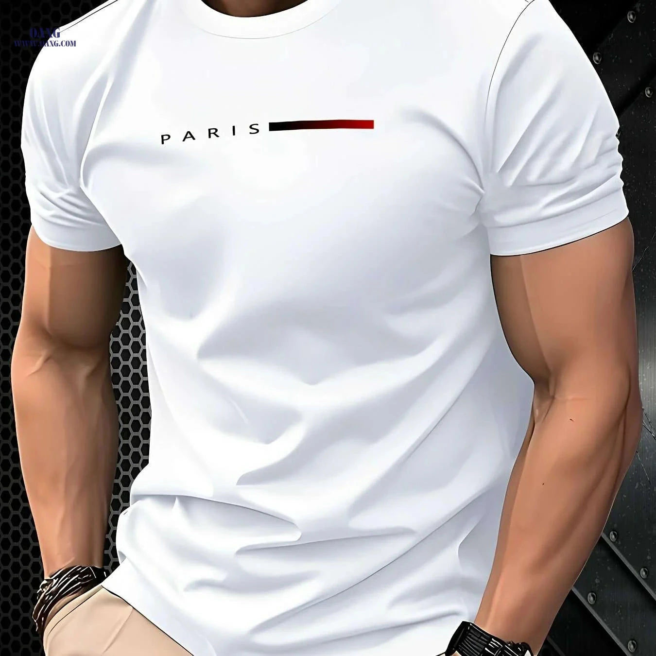 Men's Paris Graphic T-Shirt - Casual Round Neck with Red Accents   OAXG 