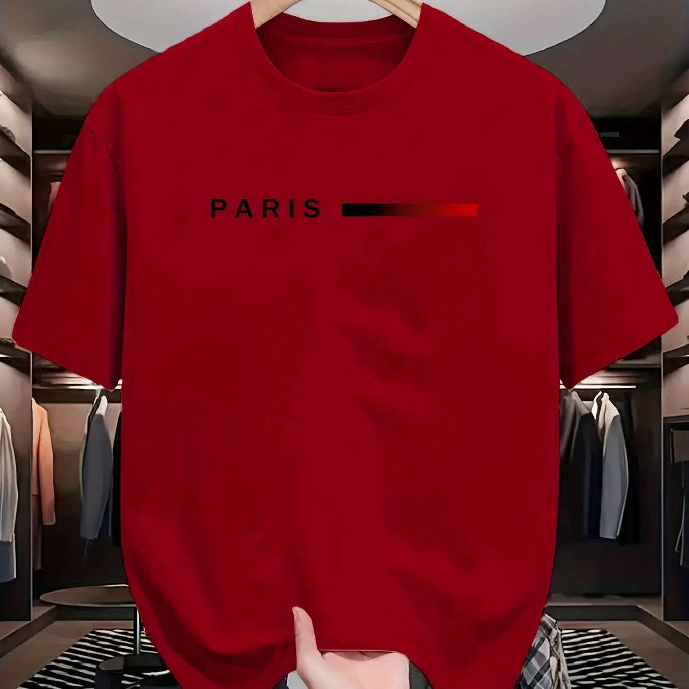 Men's Paris Graphic T-Shirt - Casual Round Neck with Red Accents   OAXG 
