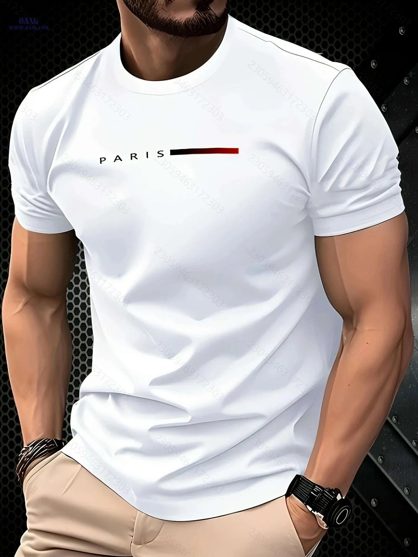 Men's Paris Graphic T-Shirt - Casual Round Neck with Red Accents   OAXG 