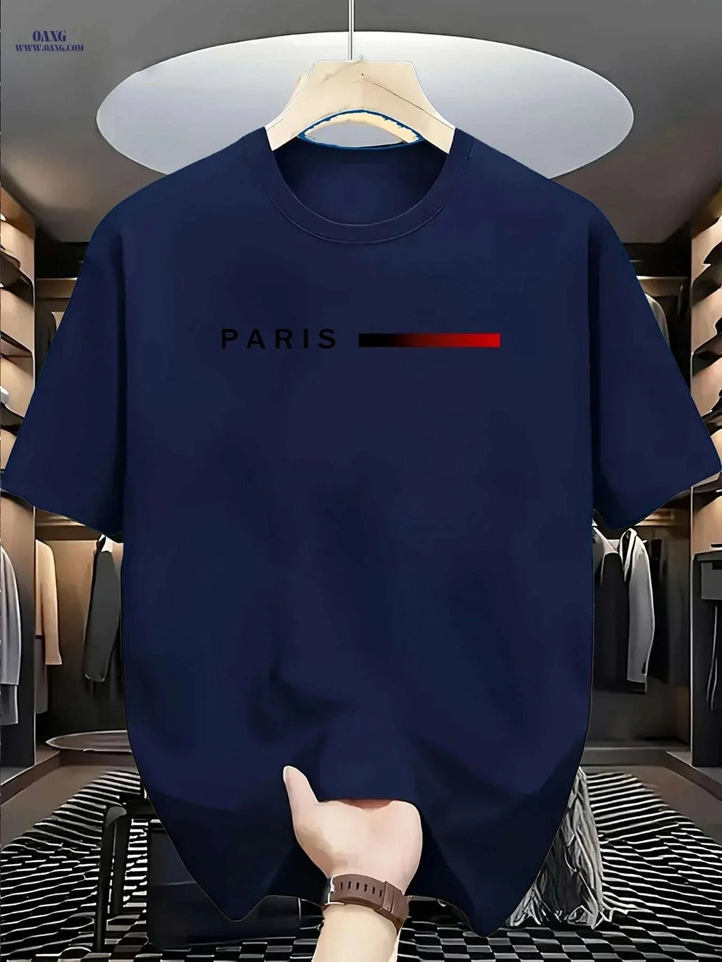 Men's Paris Graphic T-Shirt - Casual Round Neck with Red Accents   OAXG 
