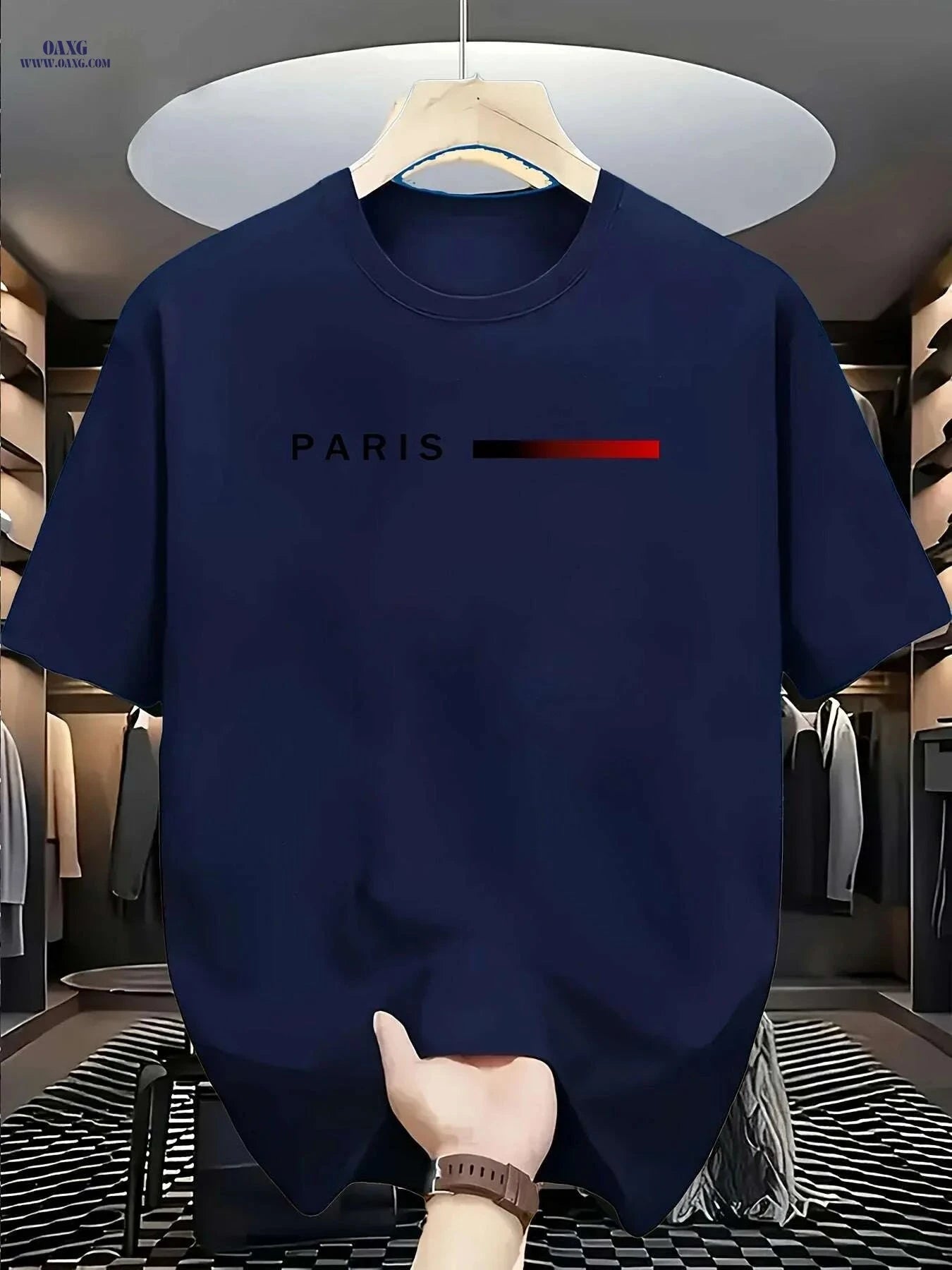 Men's Paris Graphic T-Shirt - Casual Round Neck with Red Accents   OAXG 