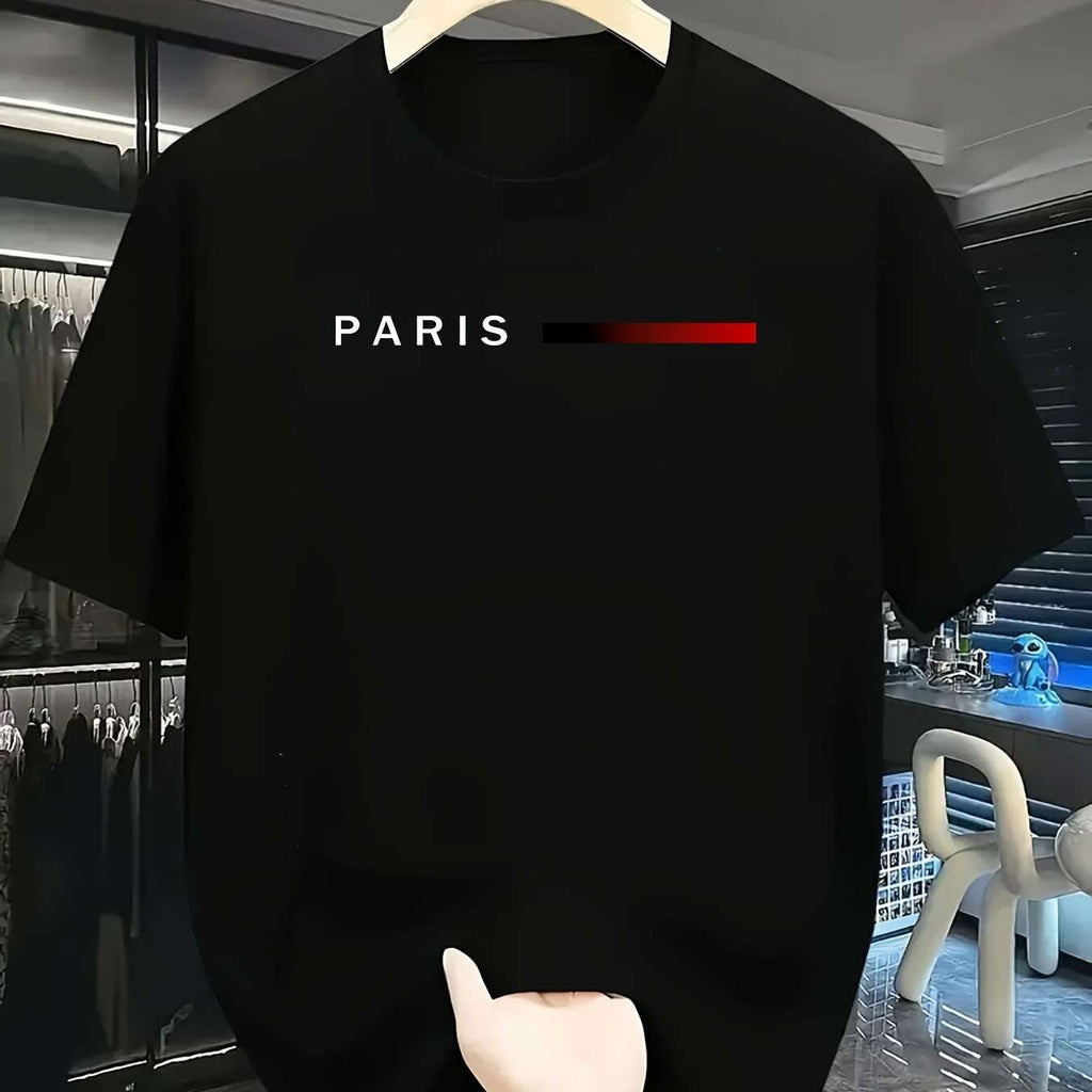 Men's Paris Graphic T-Shirt - Casual Round Neck with Red Accents   OAXG 