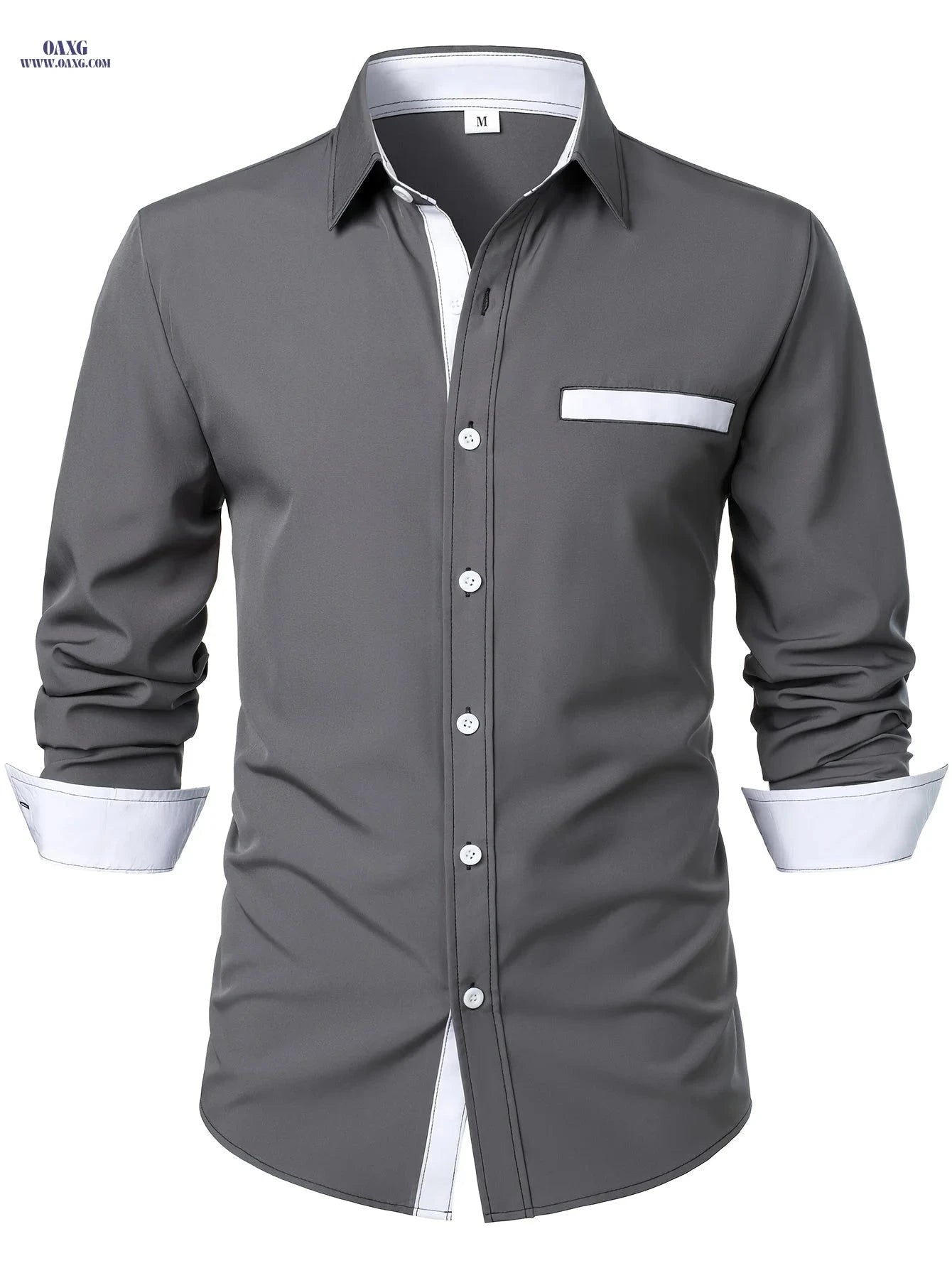 Men's Patchwork Contrast Casual Shirt - Long Sleeve & Hidden Pocket   OAXG 