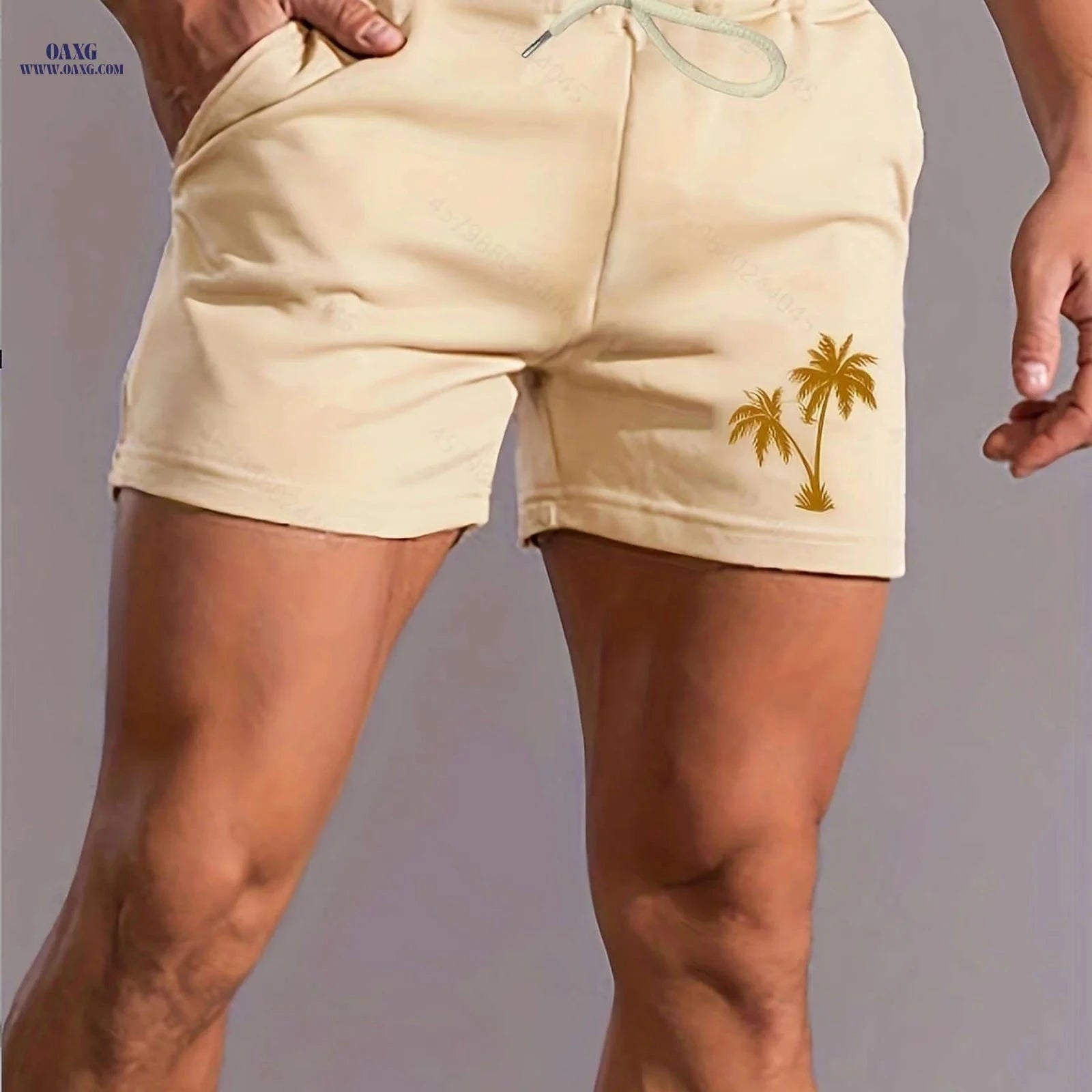 Men's Pink Palm Tree Print Shorts - Casual Summer Style with Pockets   OAXG 