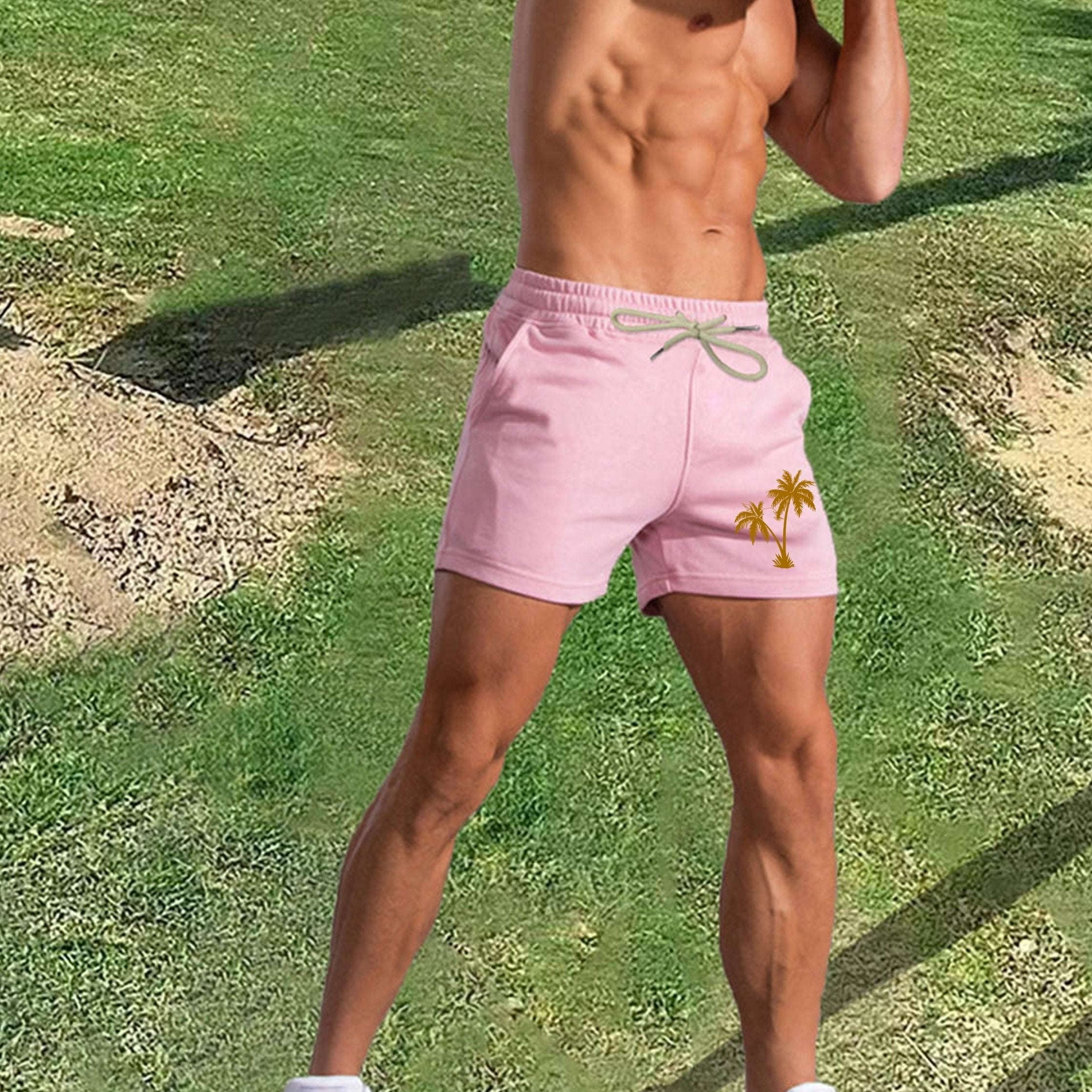Men's Pink Palm Tree Print Shorts - Casual Summer Style with Pockets   OAXG 