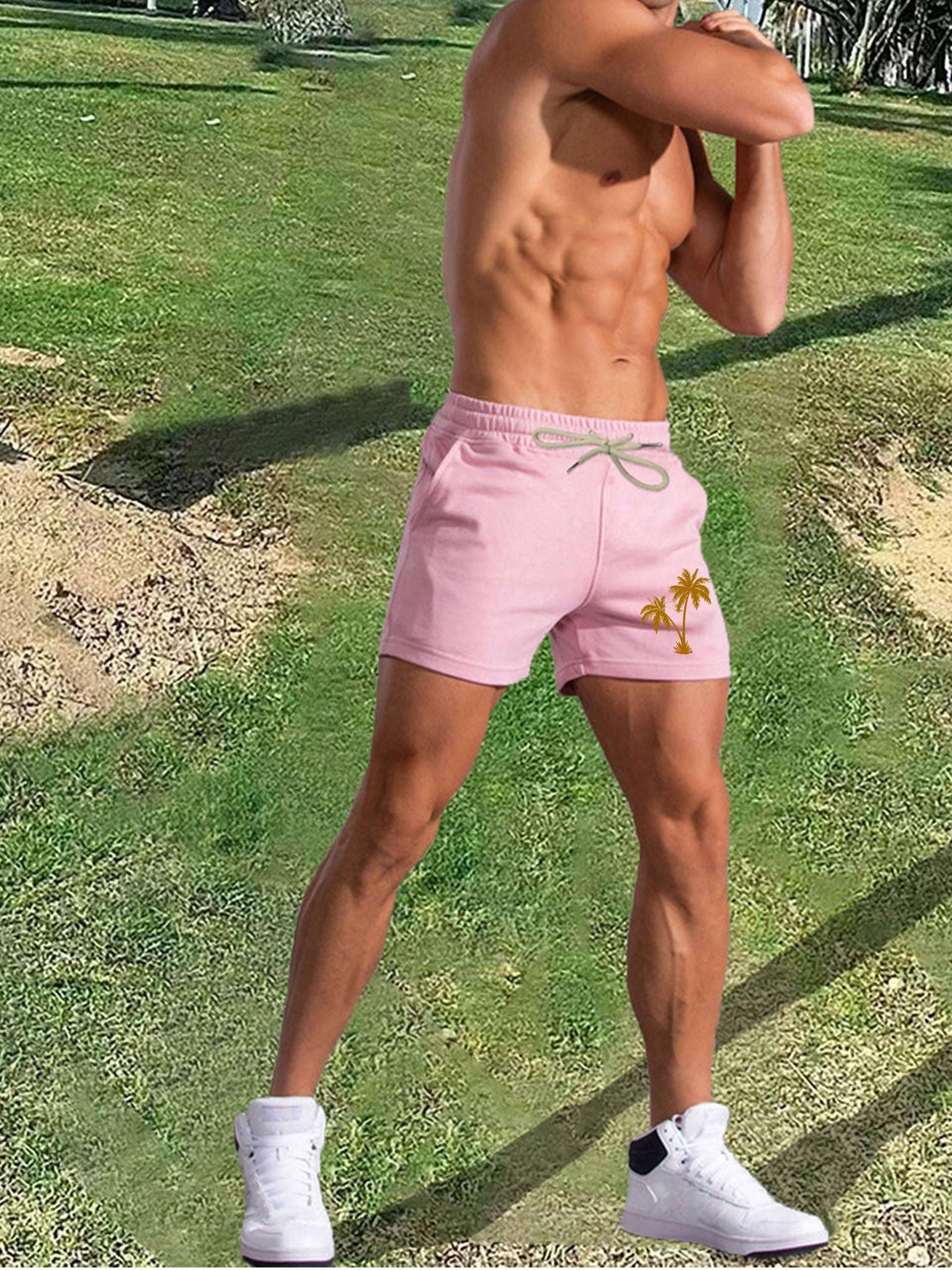 Men's Pink Palm Tree Print Shorts - Casual Summer Style with Pockets   OAXG 