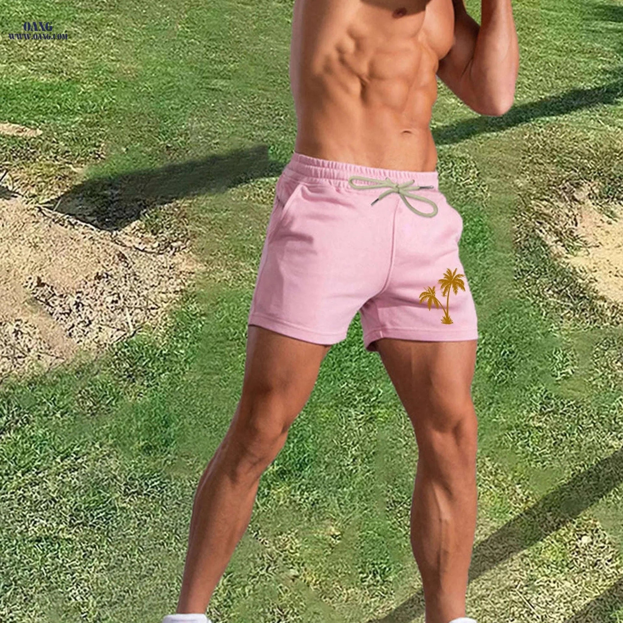 Men's Pink Palm Tree Print Shorts - Casual Summer Style with Pockets   OAXG 