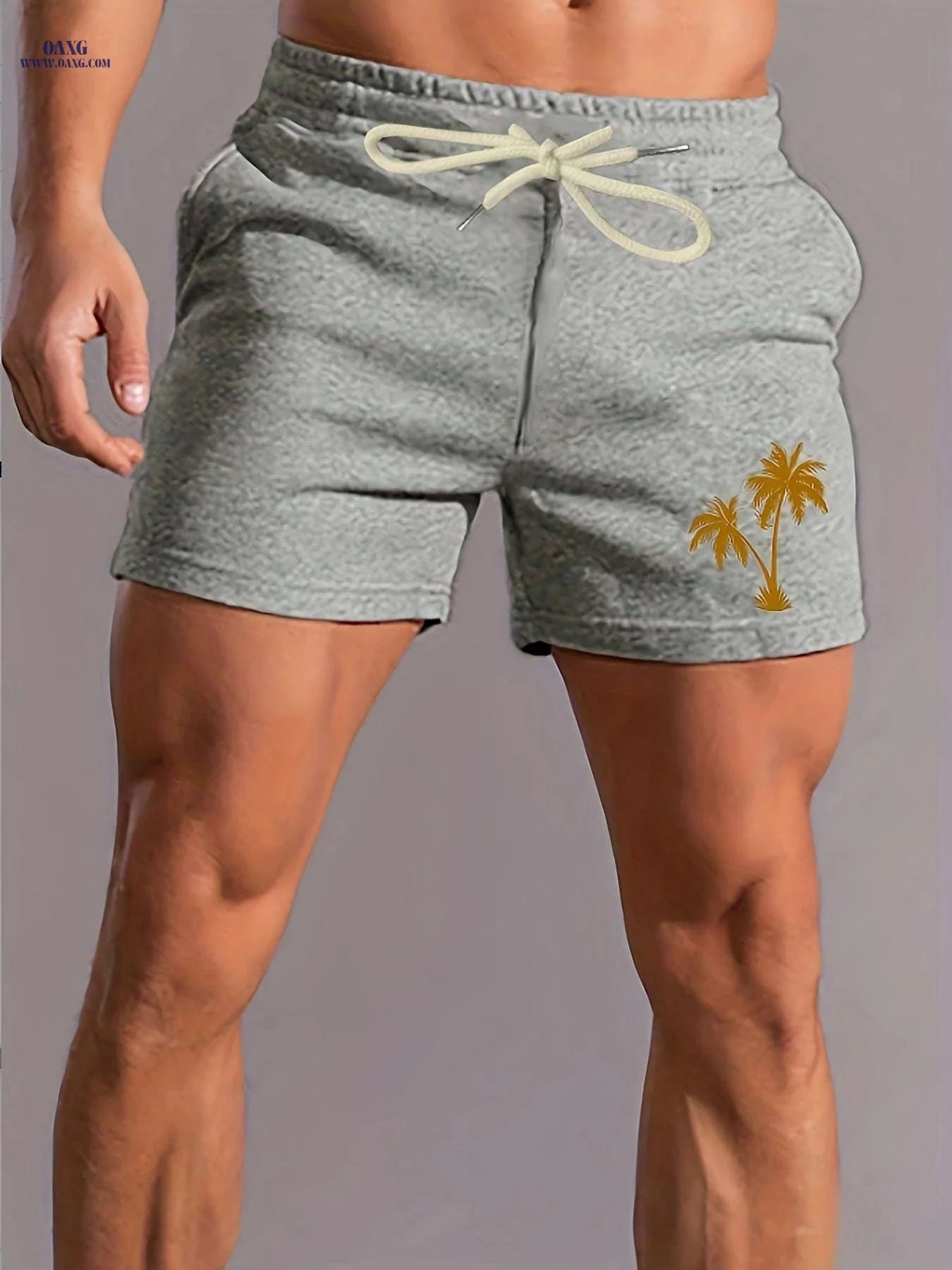 Men's Pink Palm Tree Print Shorts - Casual Summer Style with Pockets   OAXG 