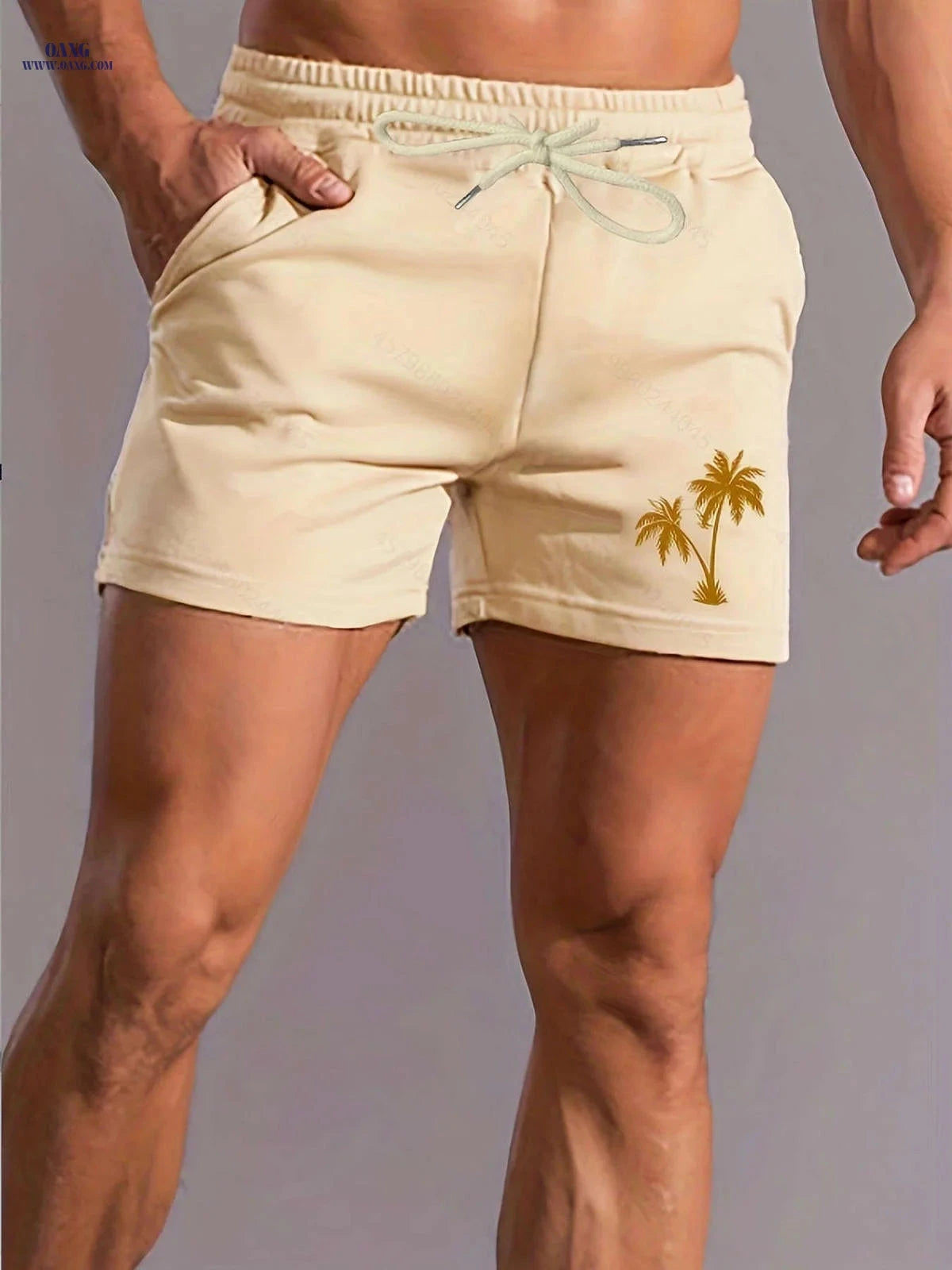 Men's Pink Palm Tree Print Shorts - Casual Summer Style with Pockets   OAXG 