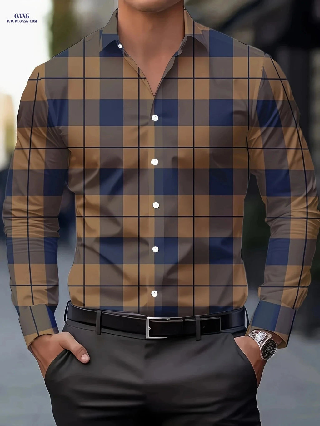 Men's Plaid Button-Up Shirt - Breathable Polyester, Long Sleeve Style   OAXG 