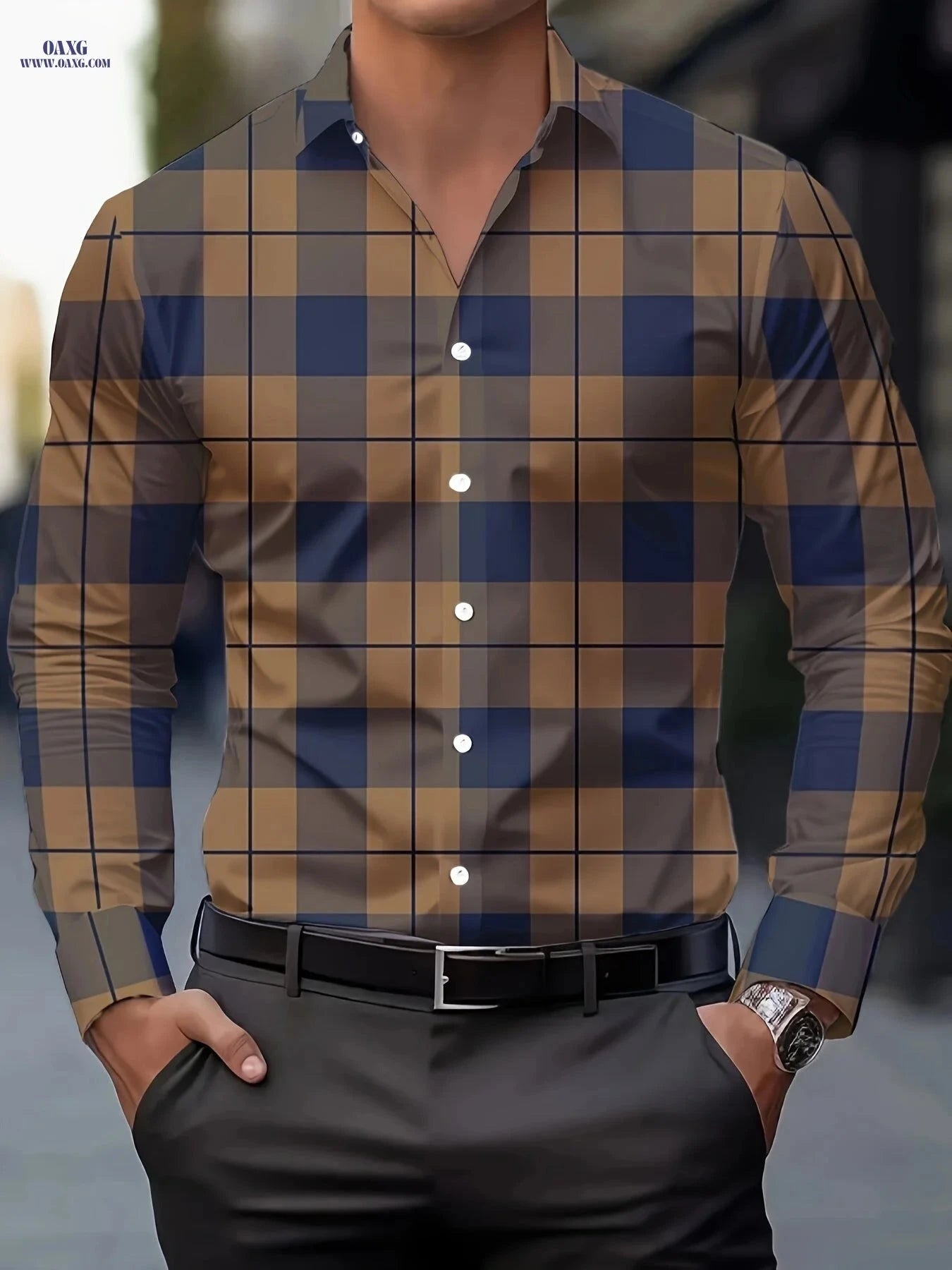Men's Plaid Button-Up Shirt - Breathable Polyester, Long Sleeve Style   OAXG 