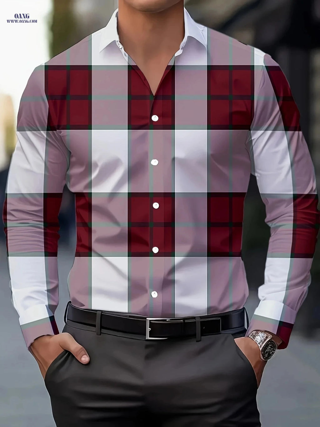 Men's Plaid Button-Up Shirt - Breathable Polyester, Long Sleeve Style   OAXG 