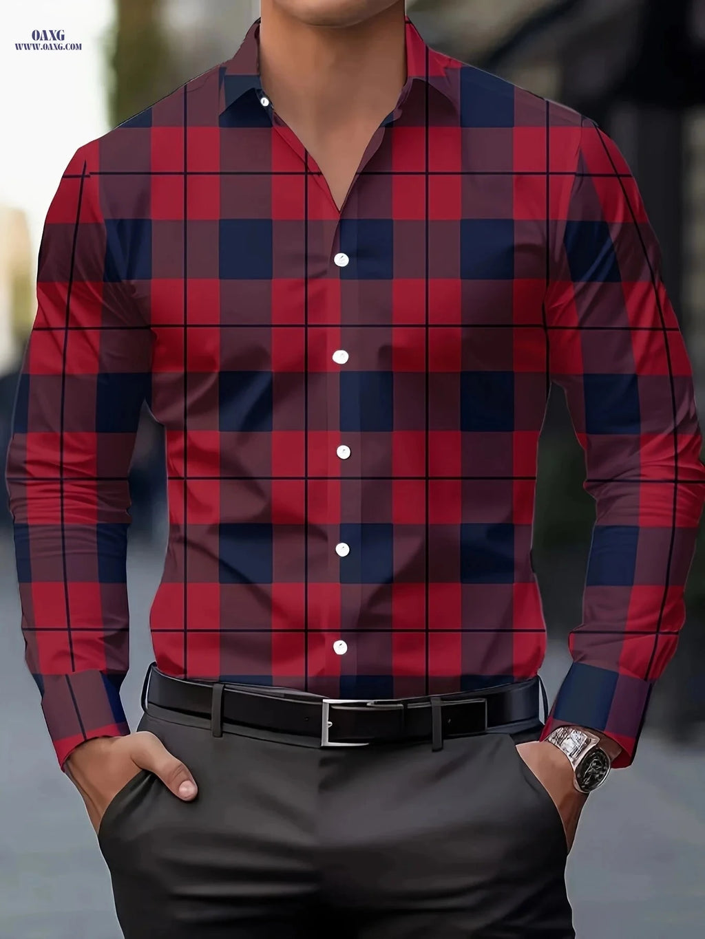 Men's Plaid Button-Up Shirt - Breathable Polyester, Long Sleeve Style   OAXG 