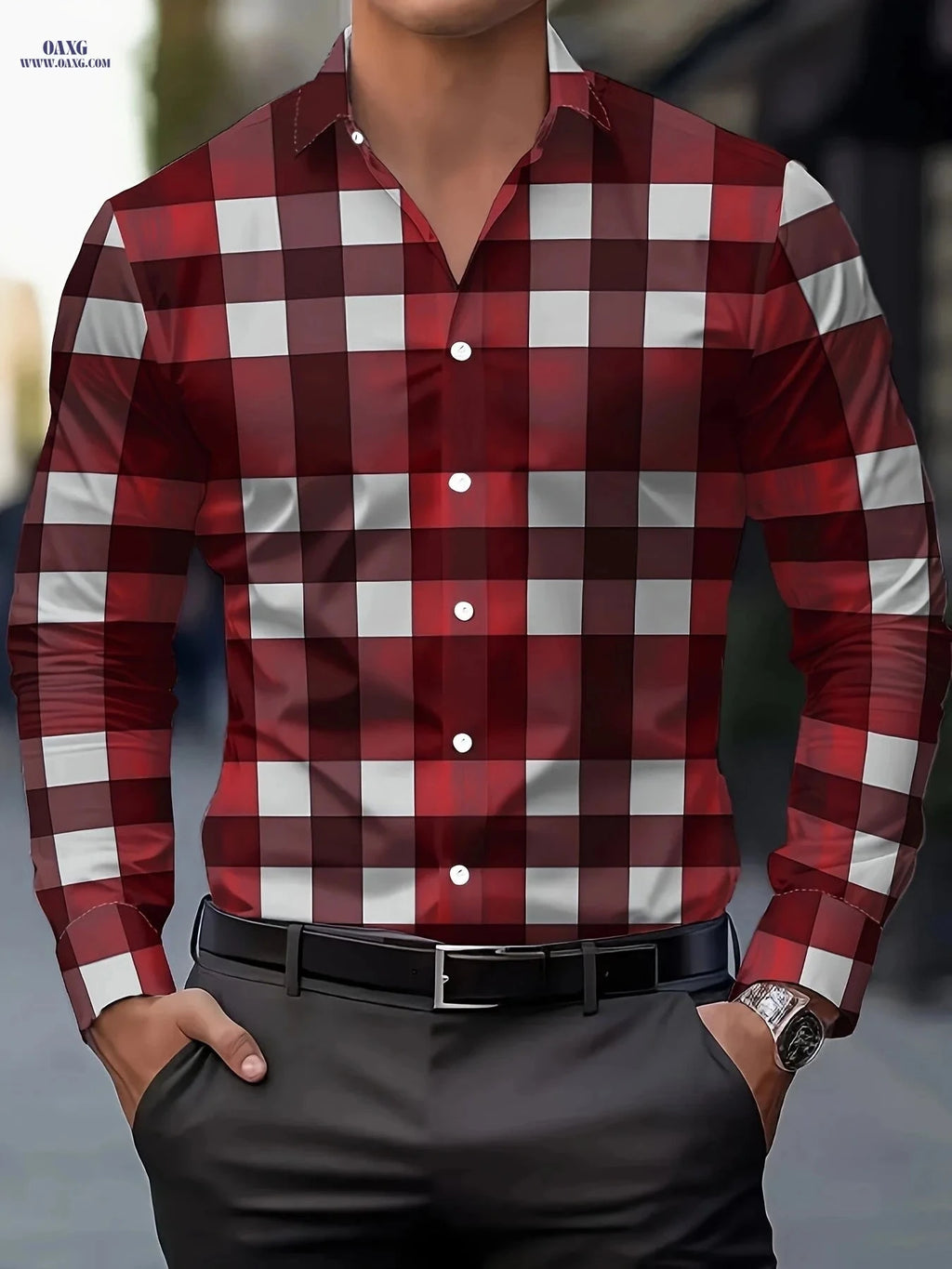 Men's Plaid Button-Up Shirt - Breathable Polyester, Long Sleeve Style   OAXG 