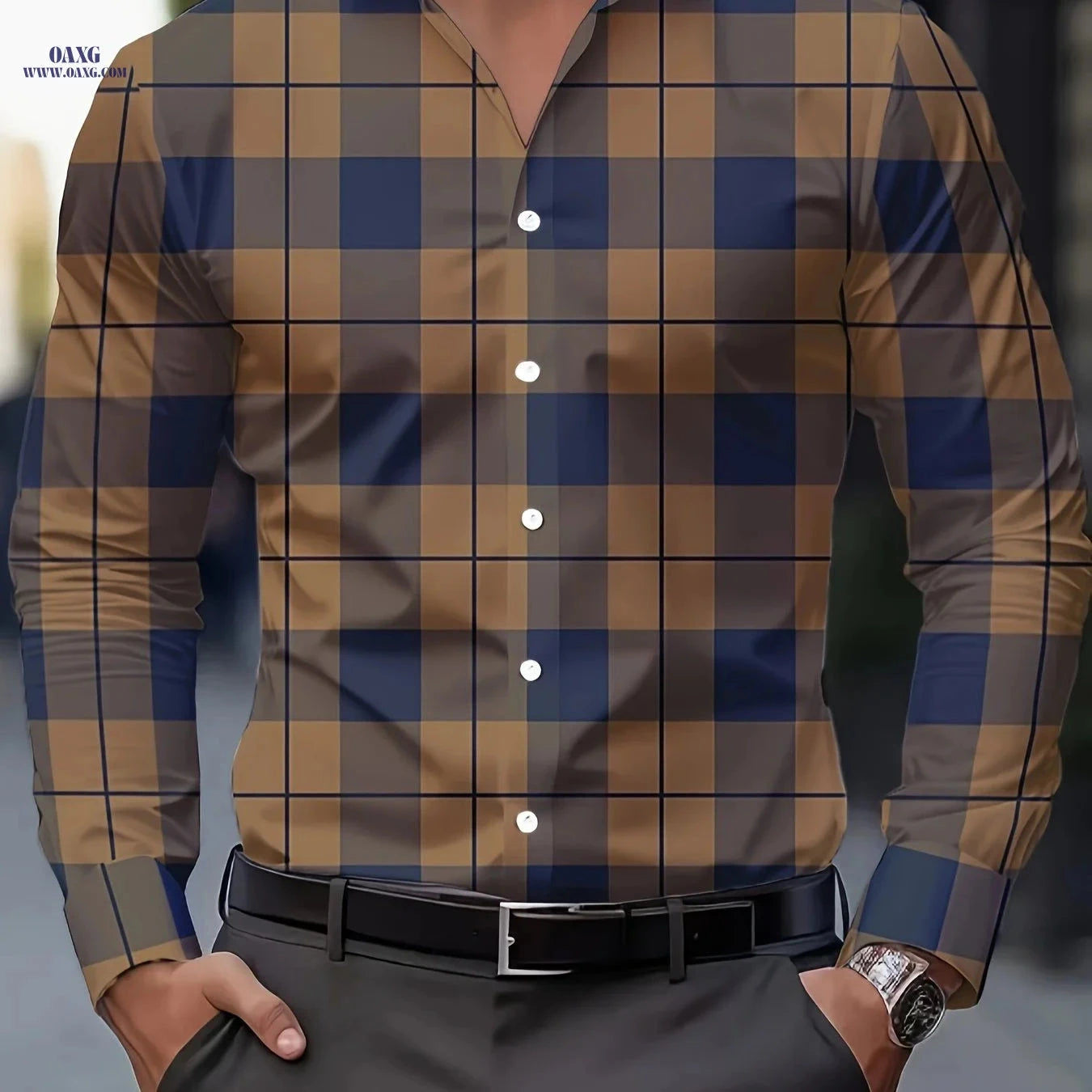 Men's Plaid Button-Up Shirt - Breathable Polyester, Long Sleeve Style   OAXG 
