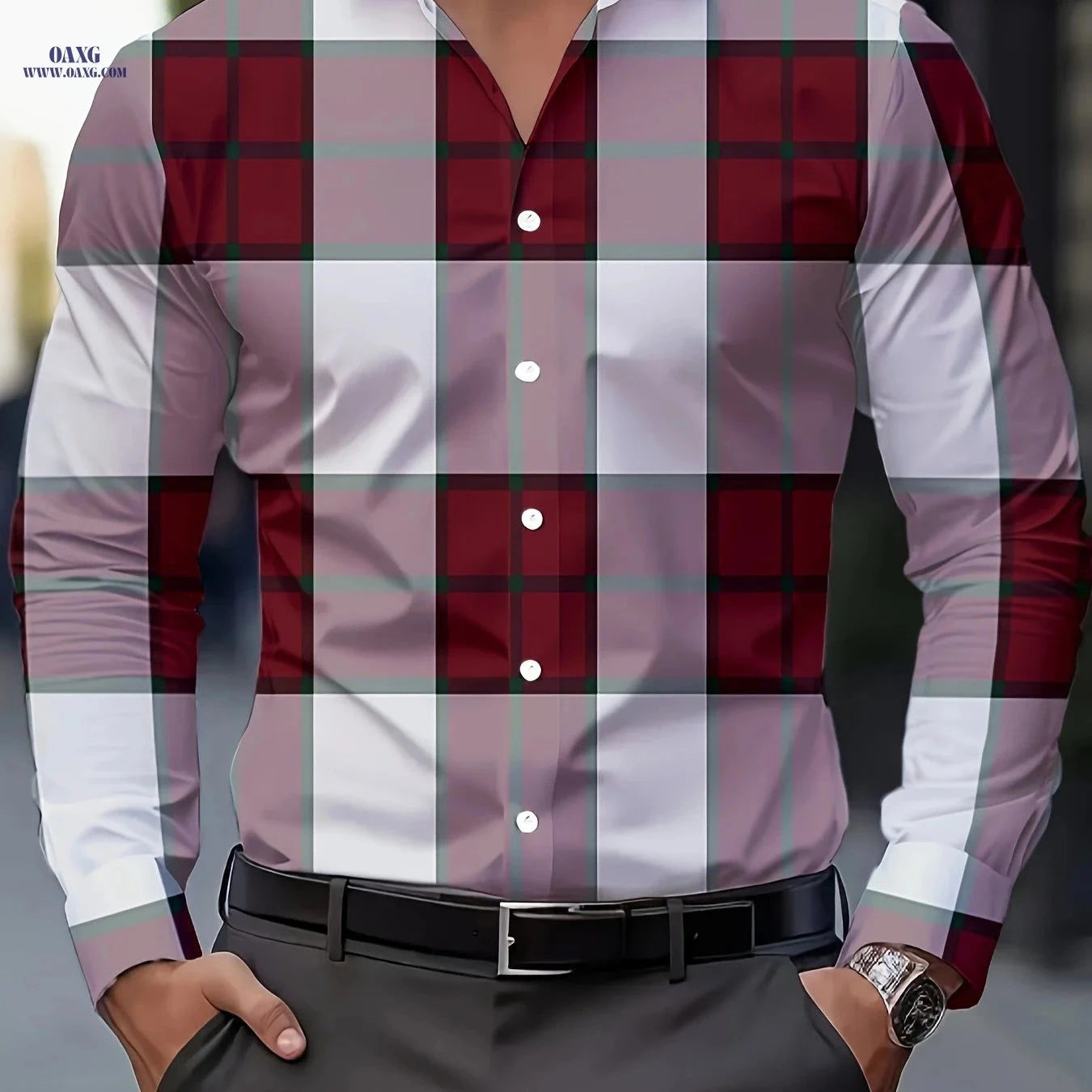 Men's Plaid Button-Up Shirt - Breathable Polyester, Long Sleeve Style   OAXG 