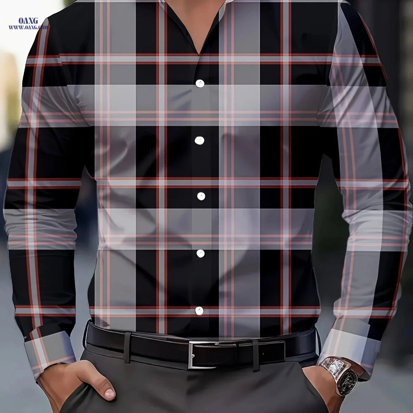 Men's Plaid Button-Up Shirt - Breathable Polyester, Long Sleeve Style   OAXG Grid 1 / FR S