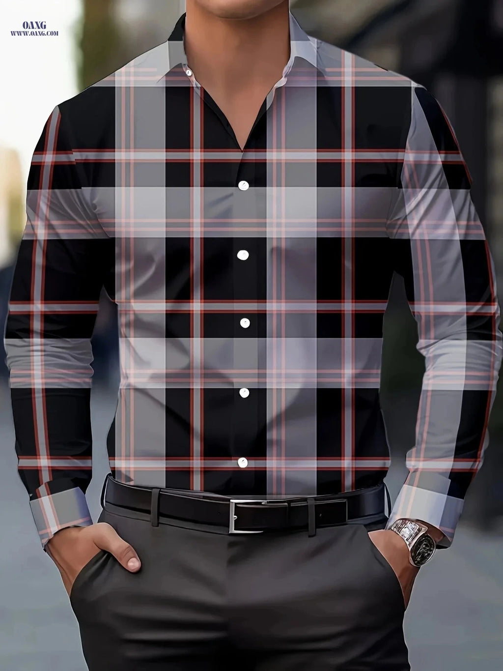 Men's Plaid Button-Up Shirt - Breathable Polyester, Long Sleeve Style   OAXG Grid 1 / FR S