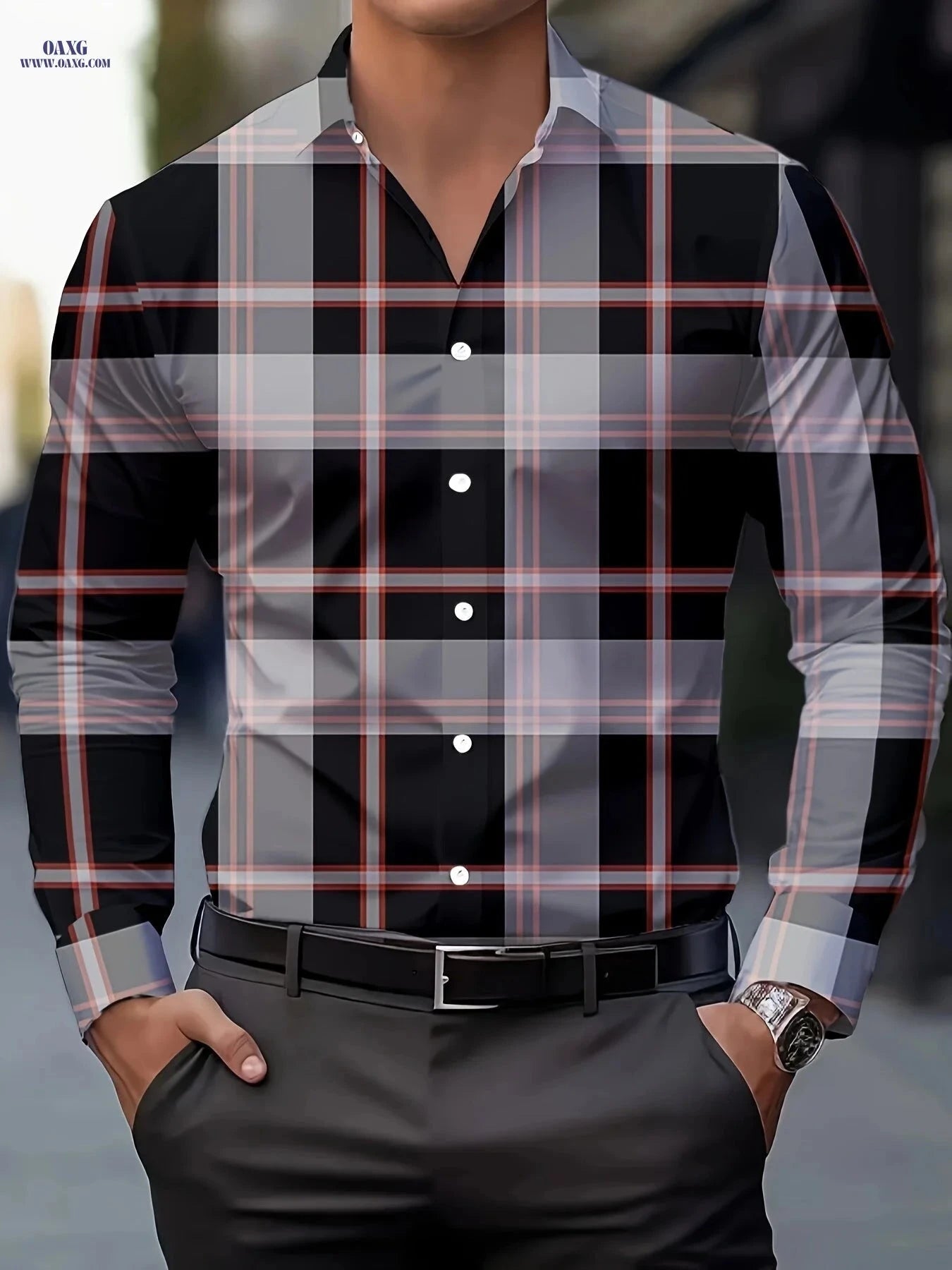 Men's Plaid Button-Up Shirt - Breathable Polyester, Long Sleeve Style   OAXG Grid 1 / FR S