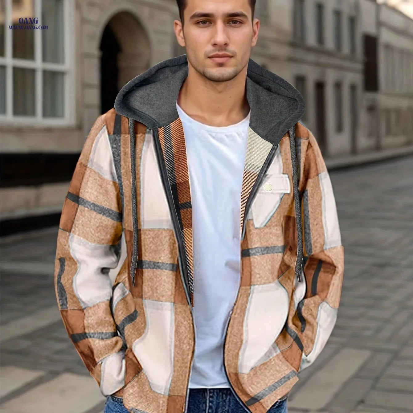 Men's Plaid Flannel Jacket - Sherpa Lined Zip Up Hoodie for Winter   OAXG 