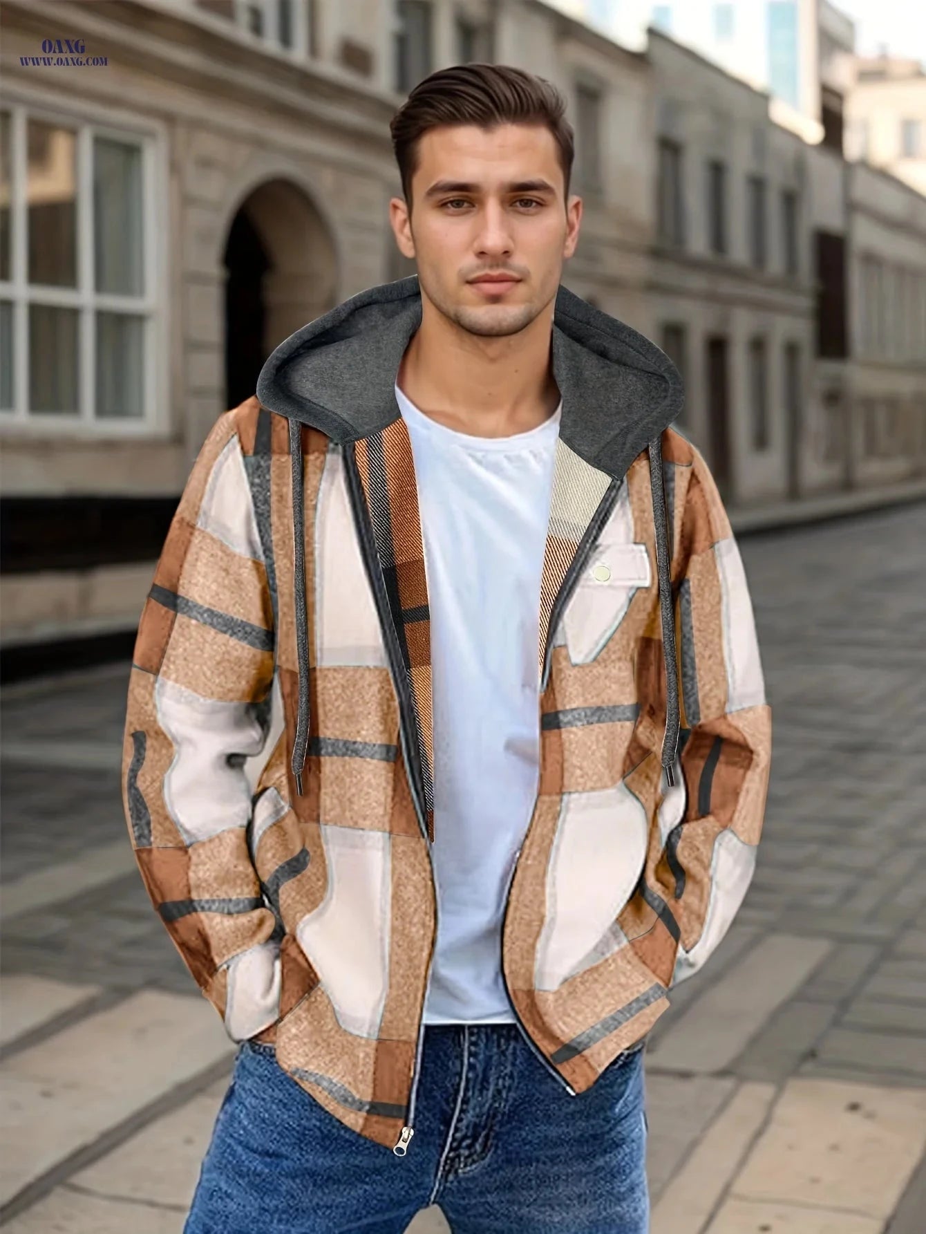 Men's Plaid Flannel Jacket - Sherpa Lined Zip Up Hoodie for Winter   OAXG 