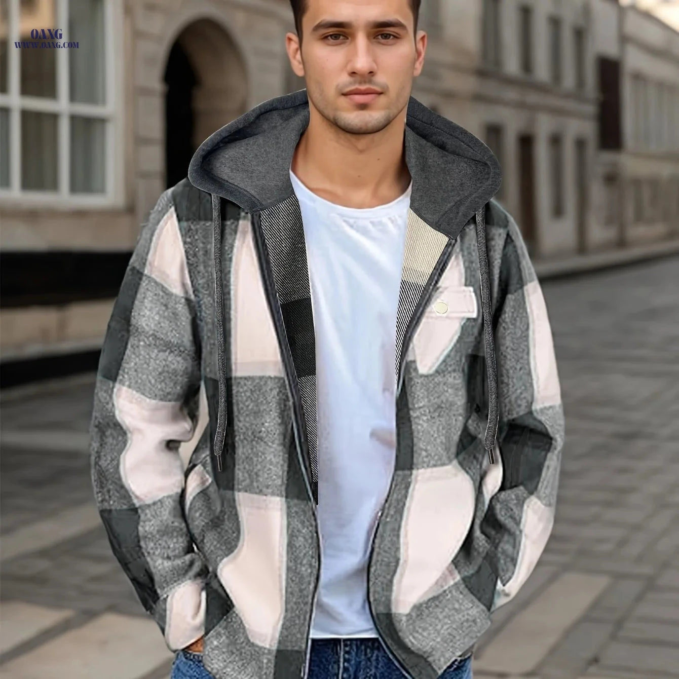 Men's Plaid Flannel Jacket - Sherpa Lined Zip Up Hoodie for Winter   OAXG 