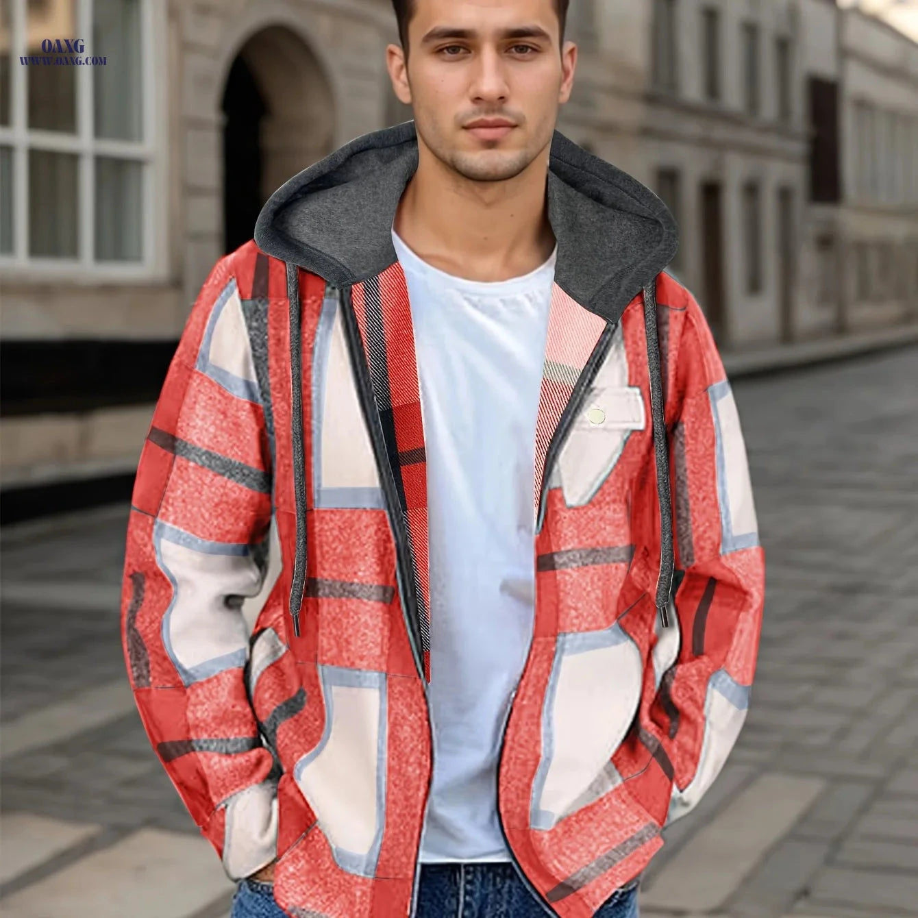 Men's Plaid Flannel Jacket - Sherpa Lined Zip Up Hoodie for Winter   OAXG 