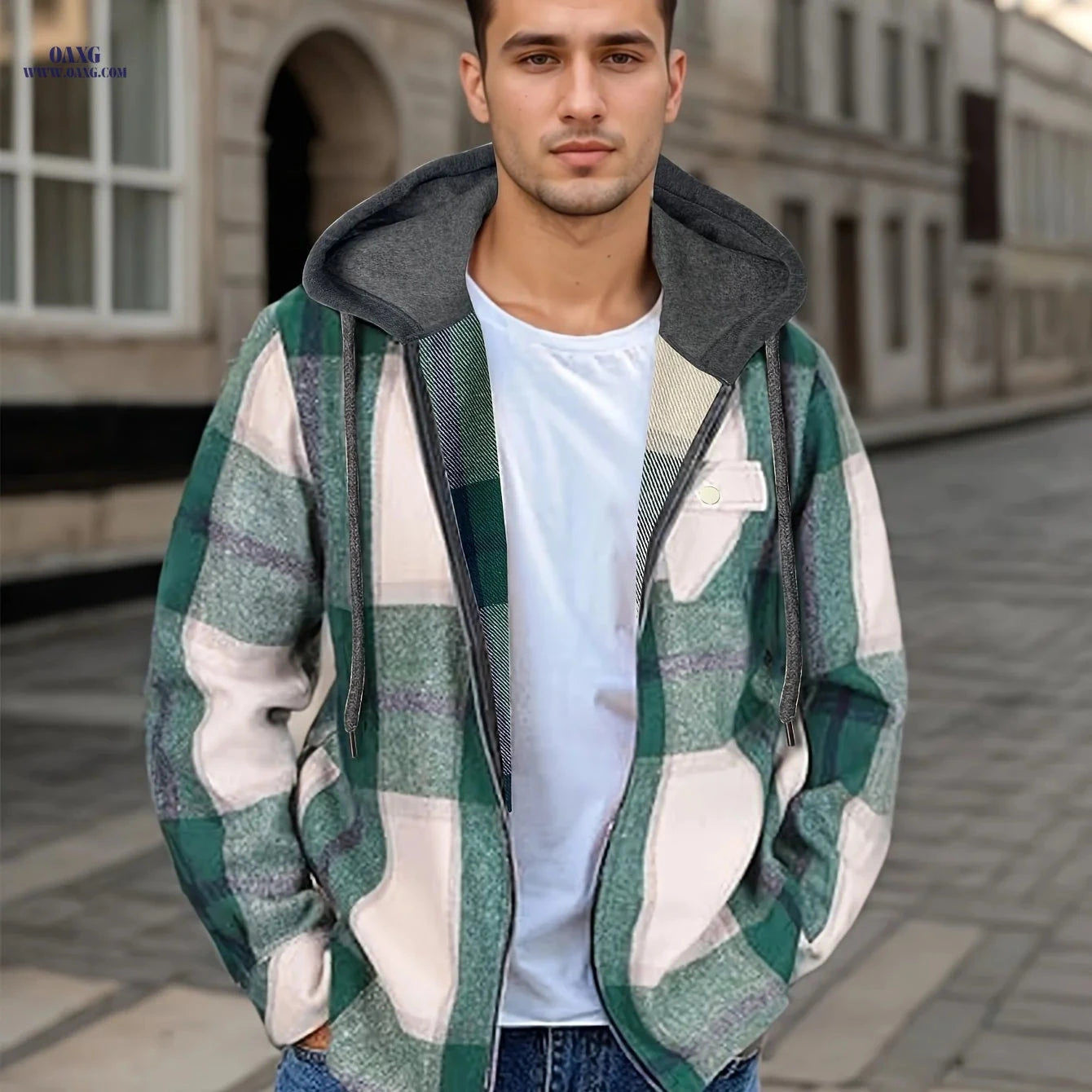 Men's Plaid Flannel Jacket - Sherpa Lined Zip Up Hoodie for Winter   OAXG 