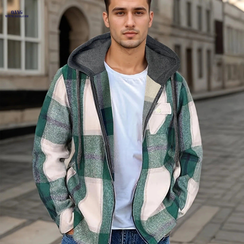 Men's Plaid Flannel Jacket - Sherpa Lined Zip Up Hoodie for Winter   OAXG 
