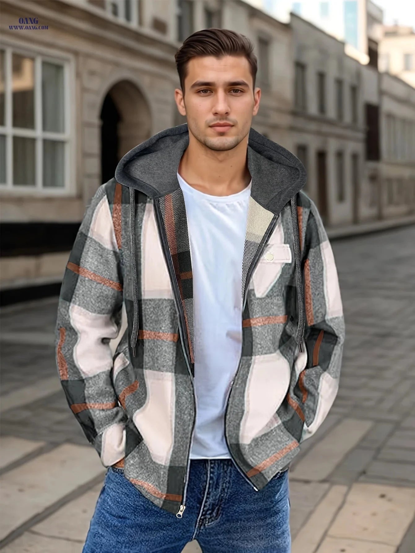 Men's Plaid Flannel Jacket - Sherpa Lined Zip Up Hoodie for Winter   OAXG 