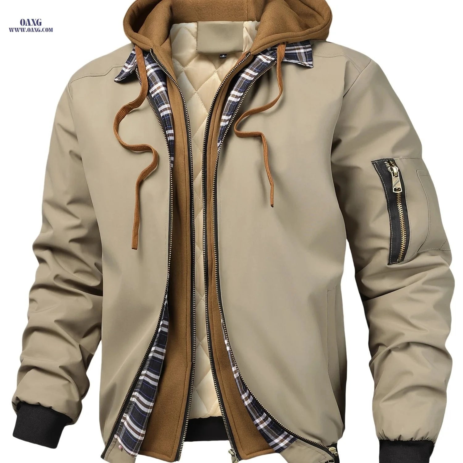 Men’s Plaid Hooded Zip-Up Jacket - Casual Loose Fit for All Seasons   OAXG 