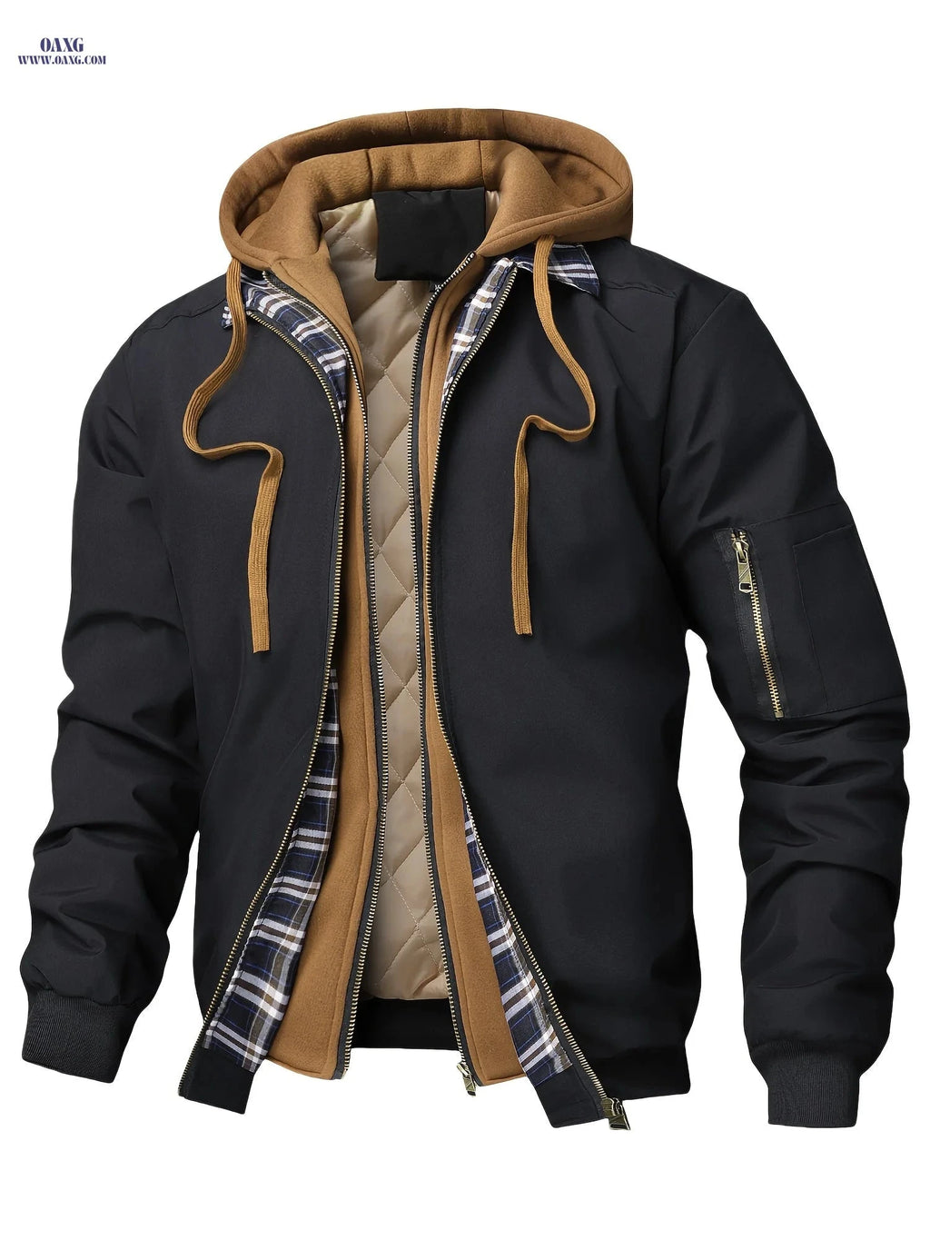 Men’s Plaid Hooded Zip-Up Jacket - Casual Loose Fit for All Seasons   OAXG 