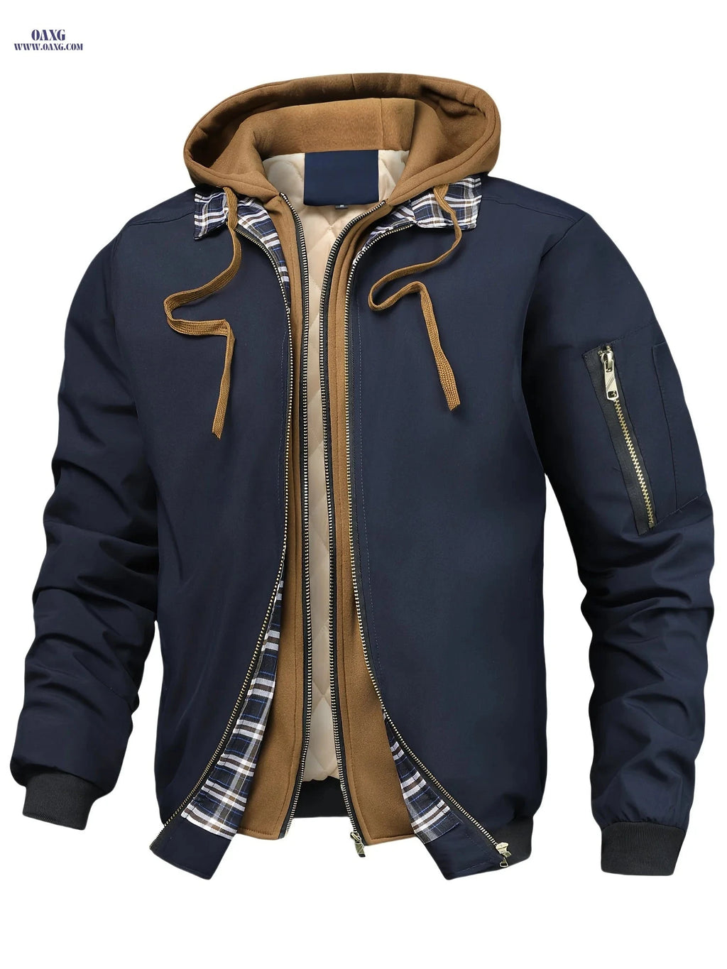 Men’s Plaid Hooded Zip-Up Jacket - Casual Loose Fit for All Seasons   OAXG 
