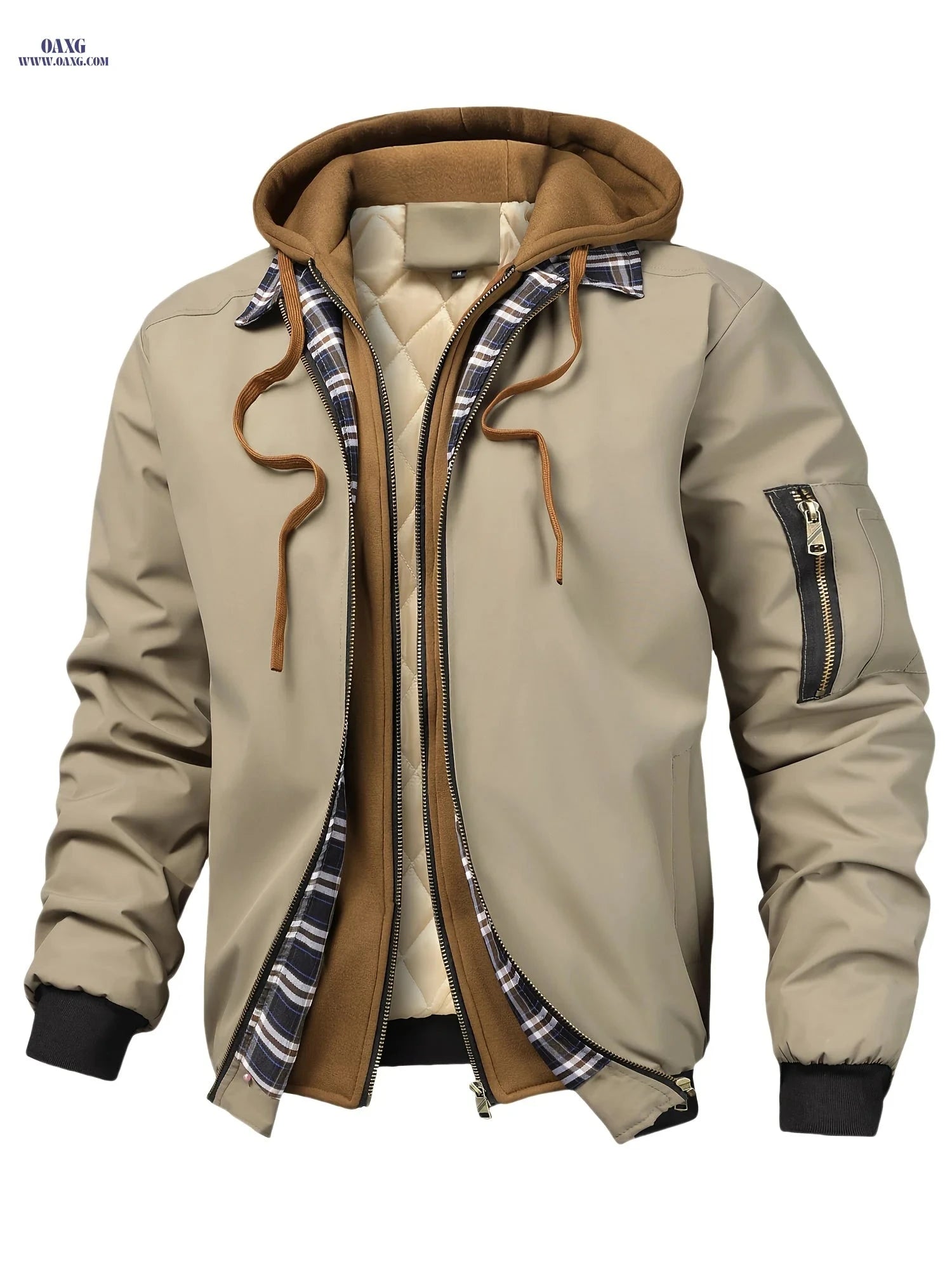 Men’s Plaid Hooded Zip-Up Jacket - Casual Loose Fit for All Seasons   OAXG 
