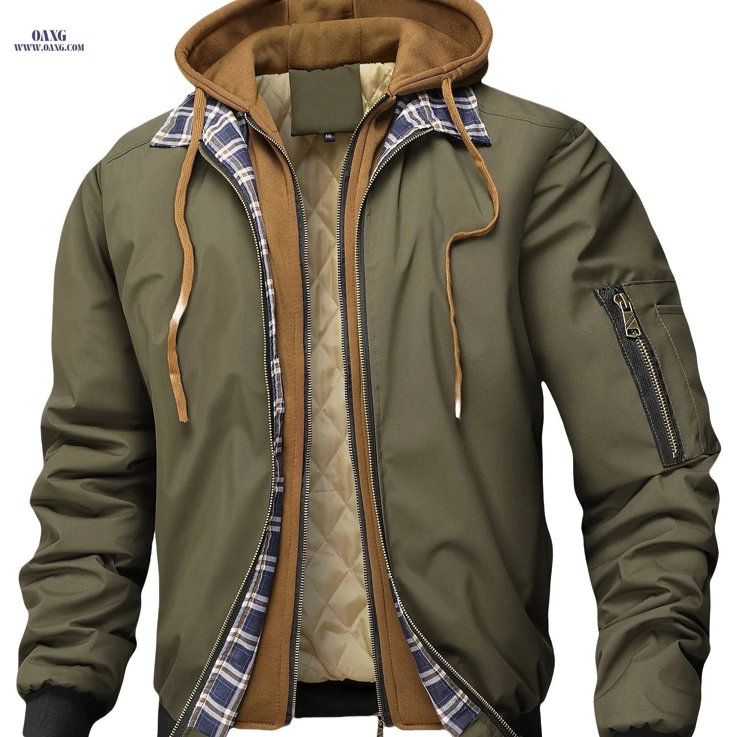 Men’s Plaid Hooded Zip-Up Jacket - Casual Loose Fit for All Seasons   OAXG 