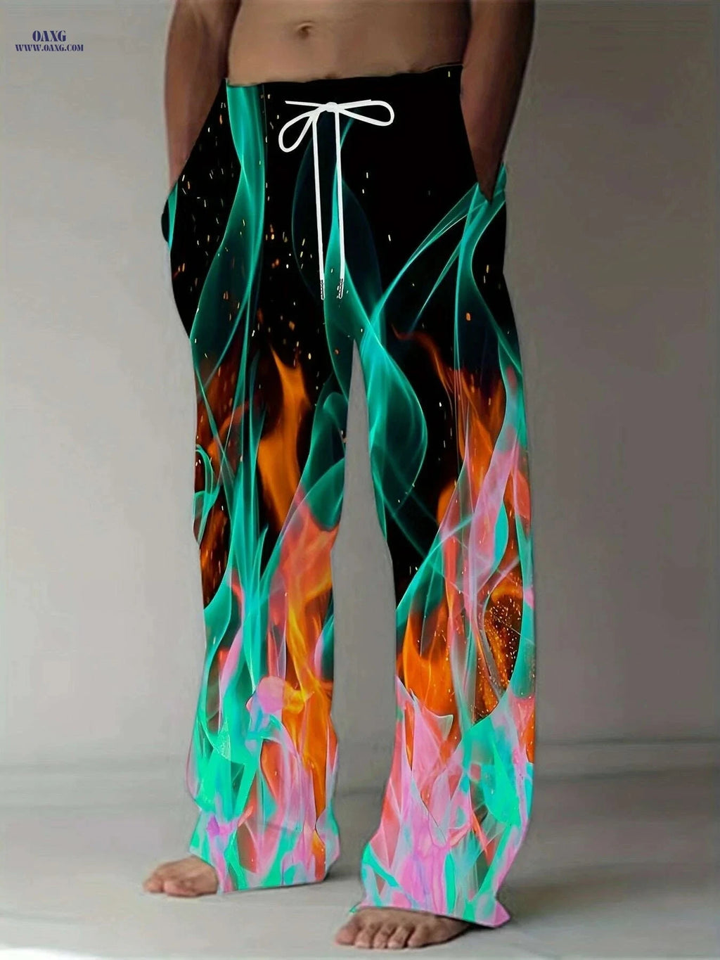 Men's Plus Size Athletic Pants - 3D Flame Print, Casual Style   OAXG Mixed Color / M