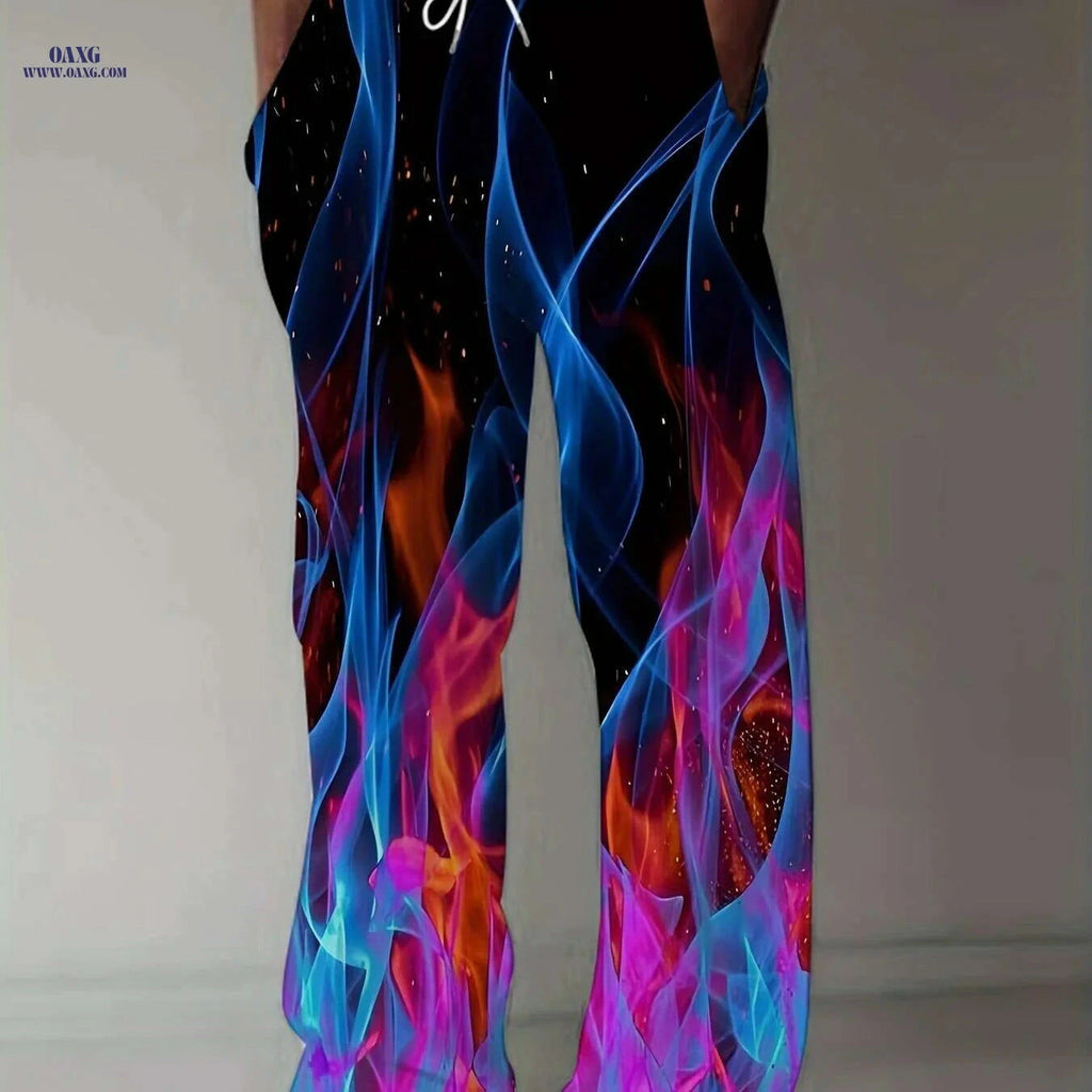 Men's Plus Size Athletic Pants - 3D Flame Print, Casual Style   OAXG Mixed Color / M