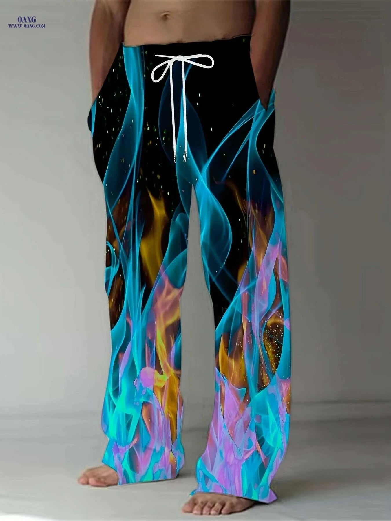 Men's Plus Size Athletic Pants - 3D Flame Print, Casual Style   OAXG Mixed Color / M