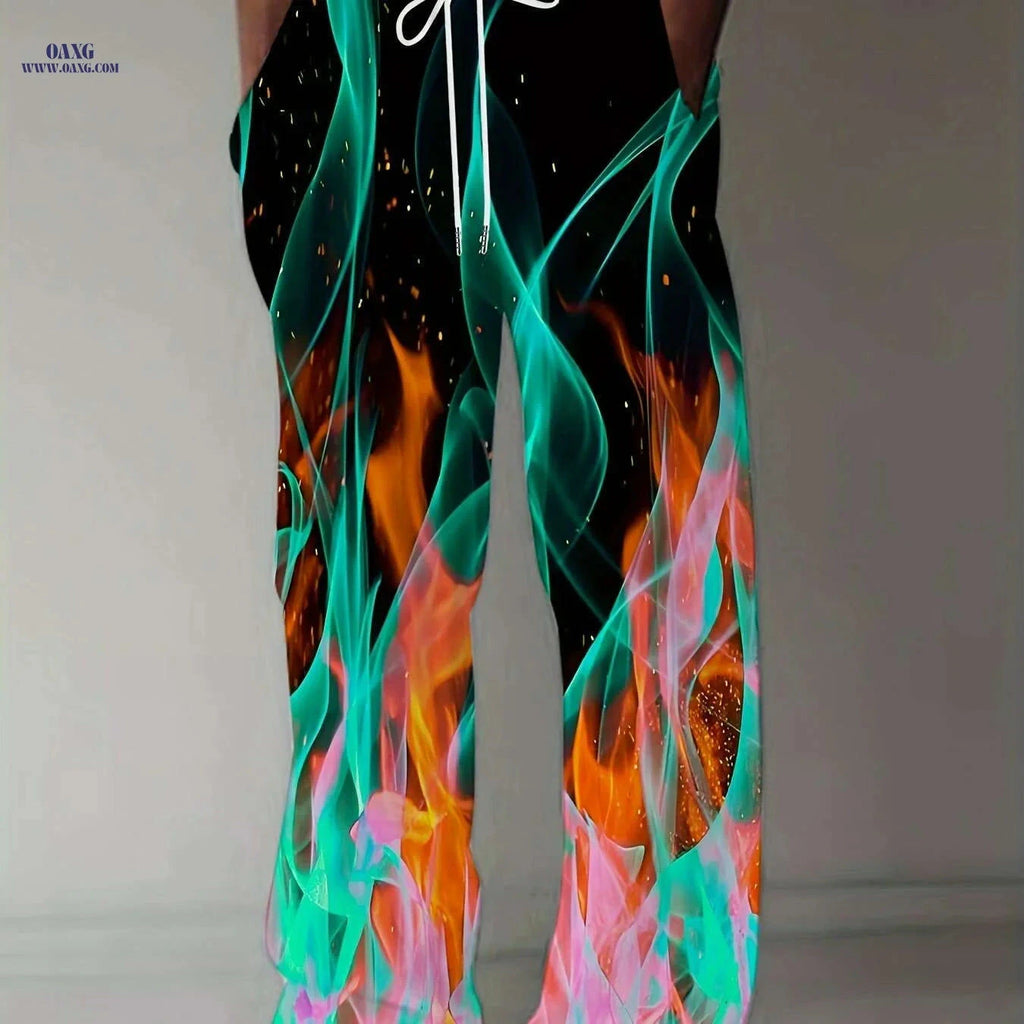 Men's Plus Size Athletic Pants - 3D Flame Print, Drawstring Waist   OAXG Style 2 / M