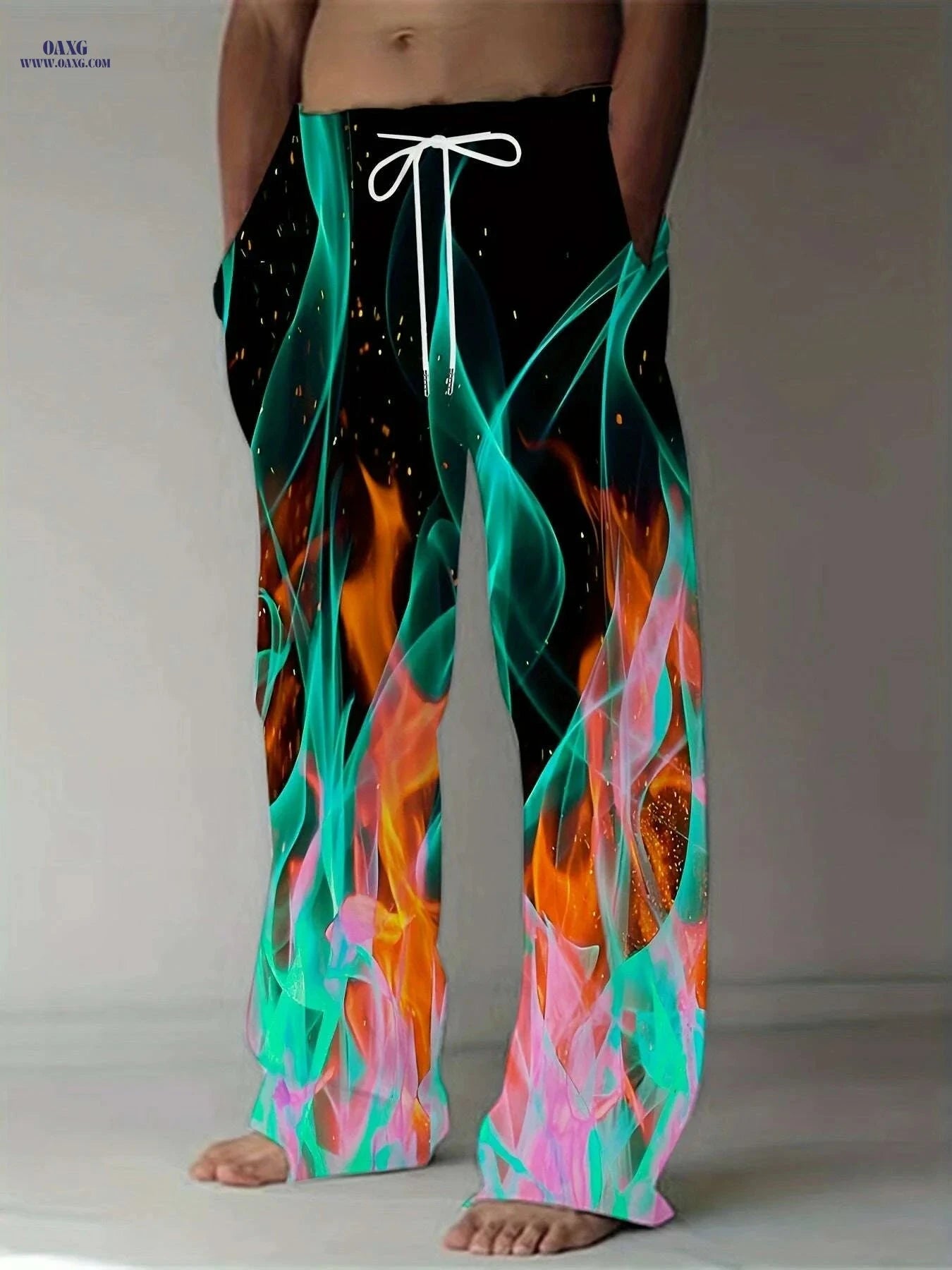 Men's Plus Size Athletic Pants - 3D Flame Print, Drawstring Waist   OAXG 