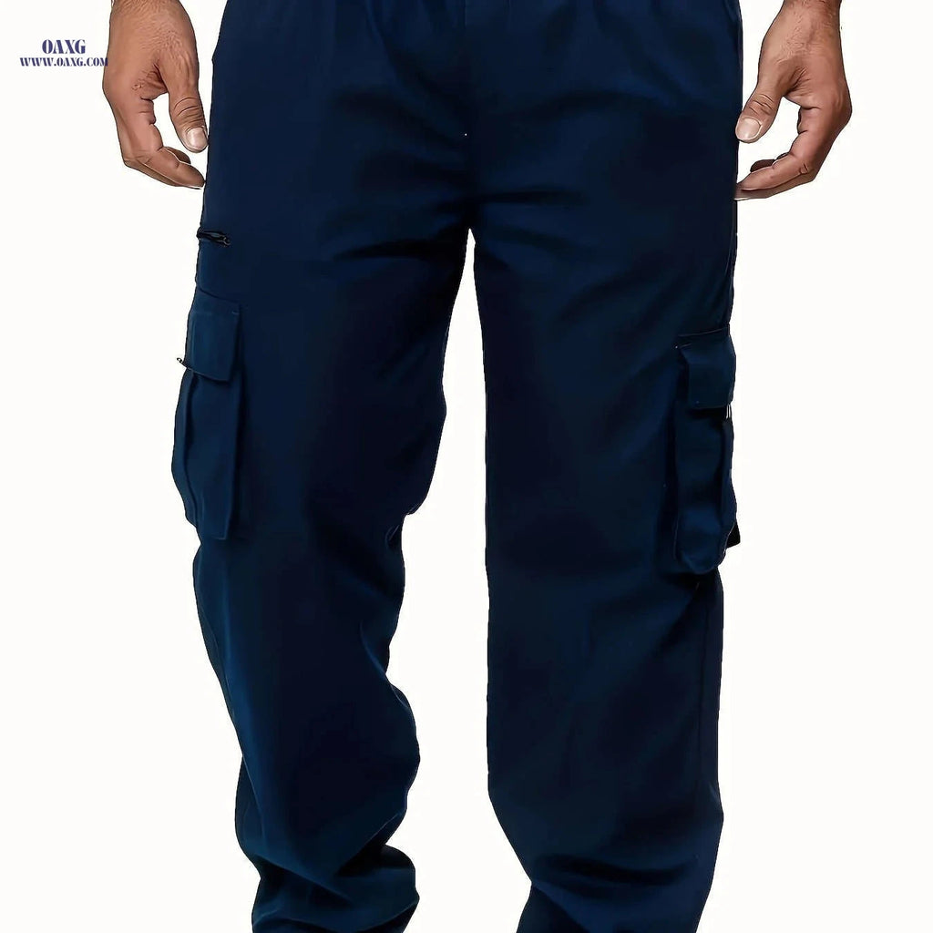 Men's Plus-Size Cargo Pants - Multi-Pocket, Elastic Waist Trousers   OAXG Navy Blue / FR M