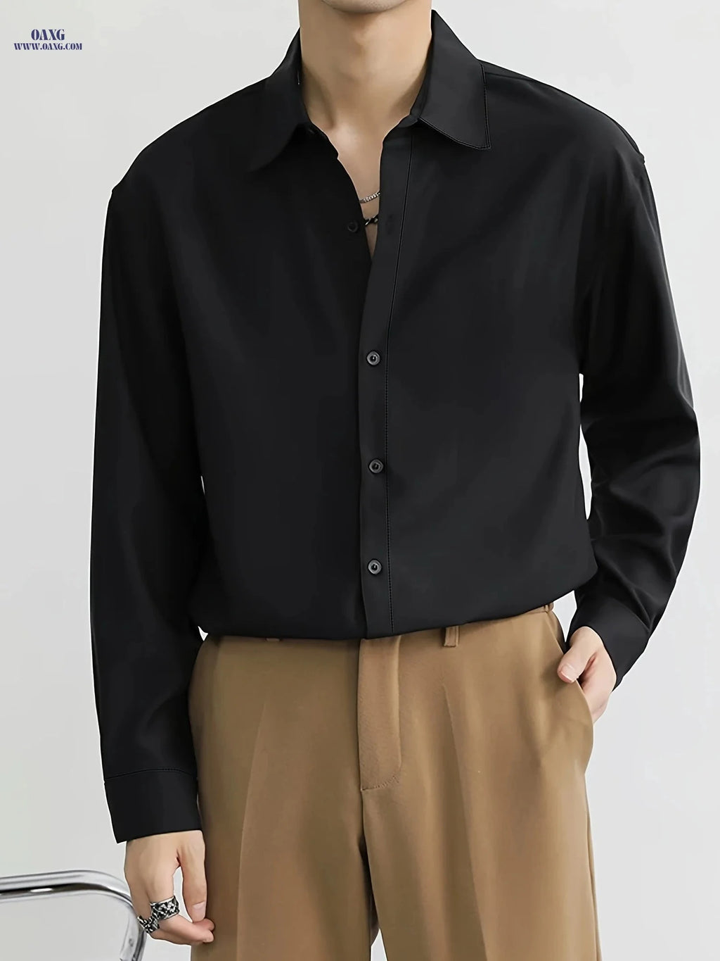 Men's Premium Casual Long Sleeve Shirt - Non-Stretch Polyester   OAXG Black / FR S