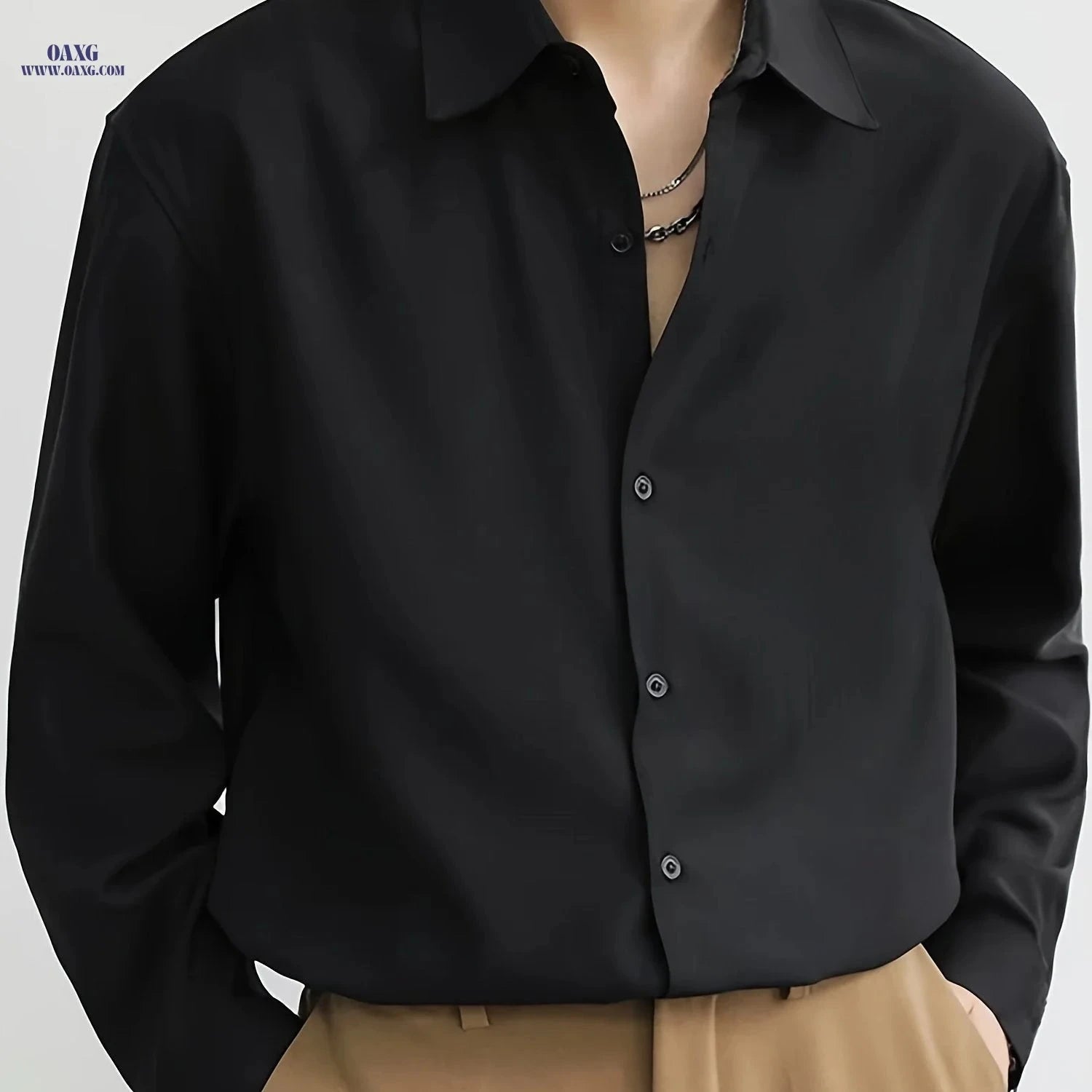 Men's Premium Casual Long Sleeve Shirt - Non-Stretch Polyester   OAXG Black / FR S