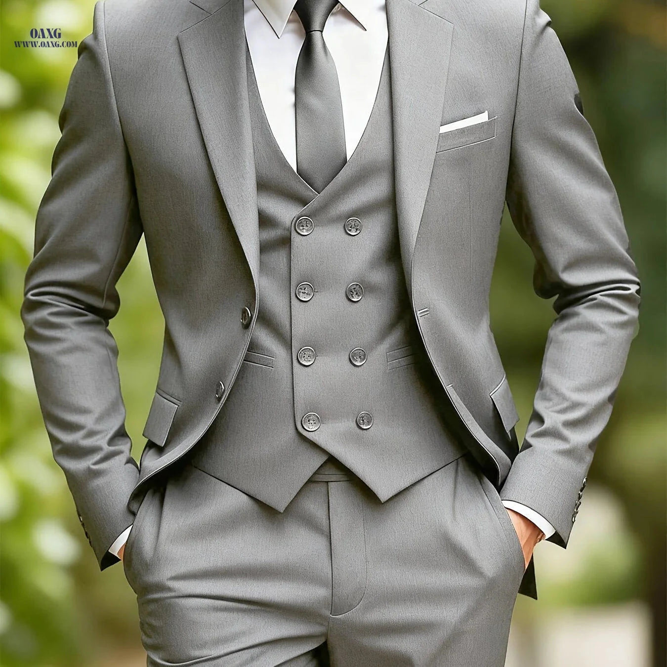Men's Premium Three-Piece Suit Set - Jacket, Trousers, Waistcoat   OAXG Grey / FR XXS