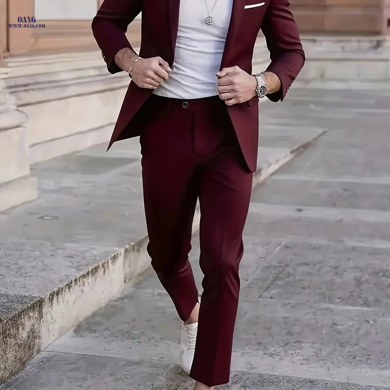 Men's Premium Two-Piece Suit Set - Jacket & Pants for Formal Wear   OAXG Burgundy / FR XXS