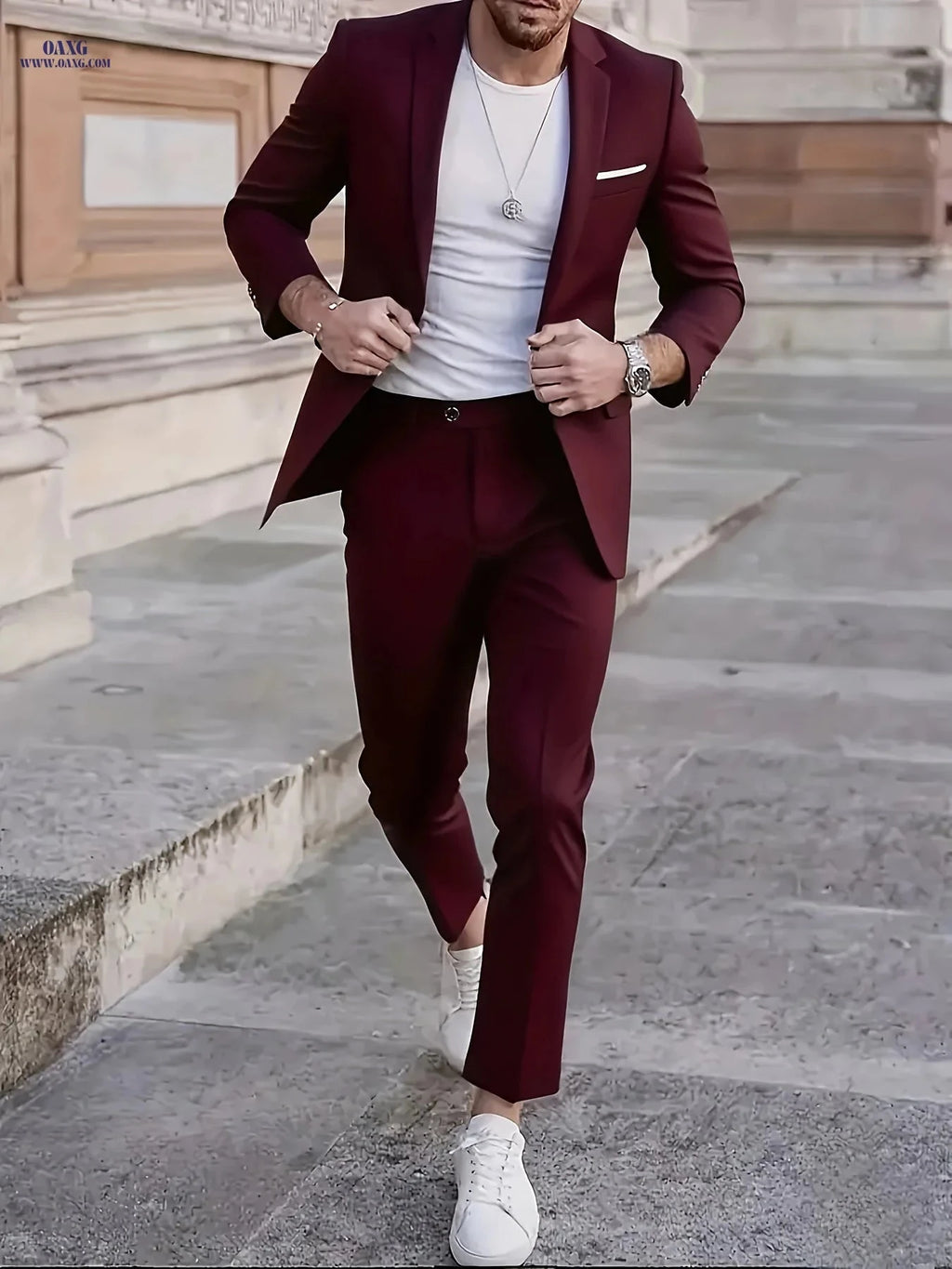 Men's Premium Two-Piece Suit Set - Jacket & Pants for Formal Wear   OAXG Burgundy / FR XXS