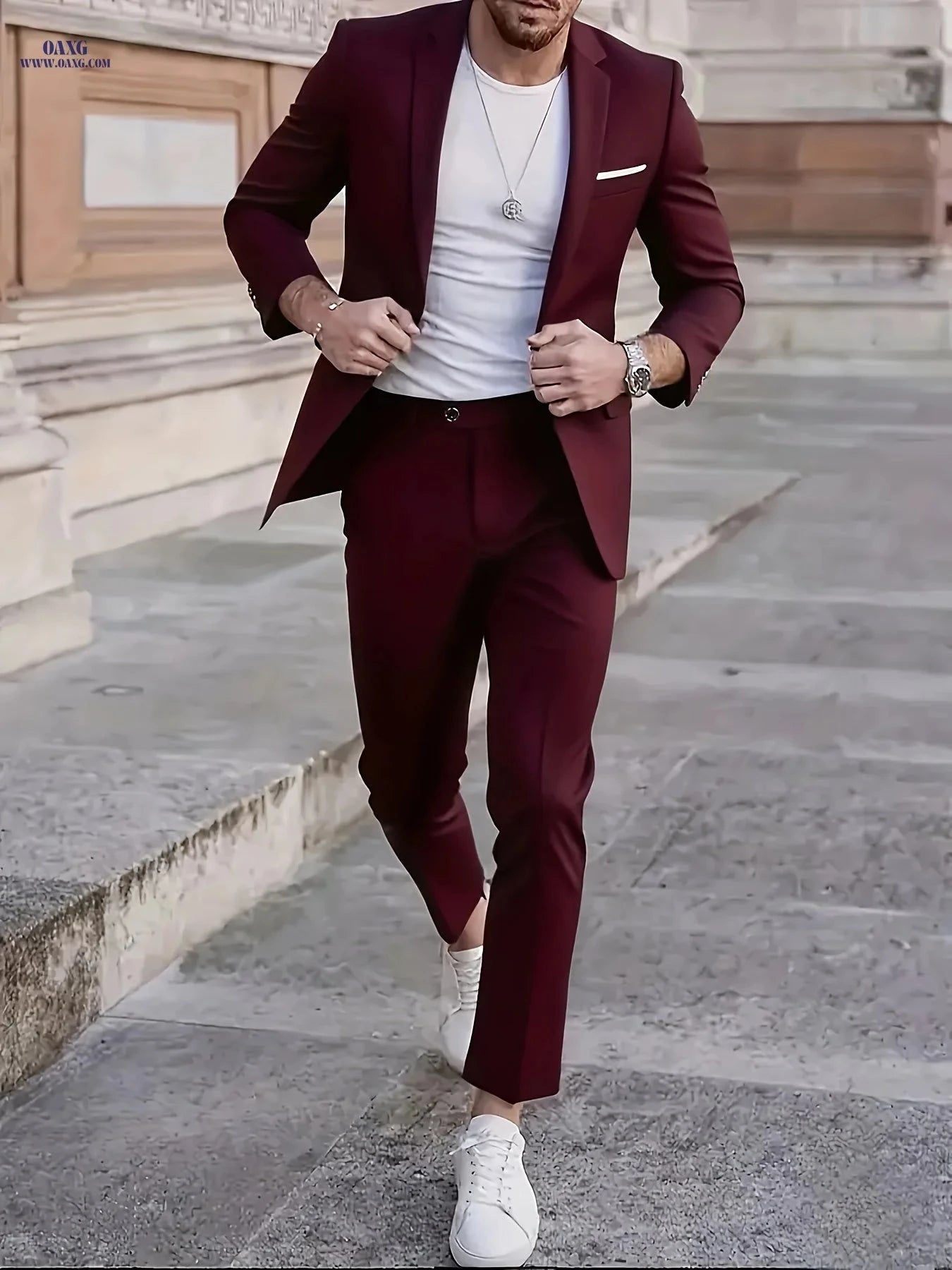 Men's Premium Two-Piece Suit Set - Jacket & Pants for Formal Wear   OAXG Burgundy / FR XXS